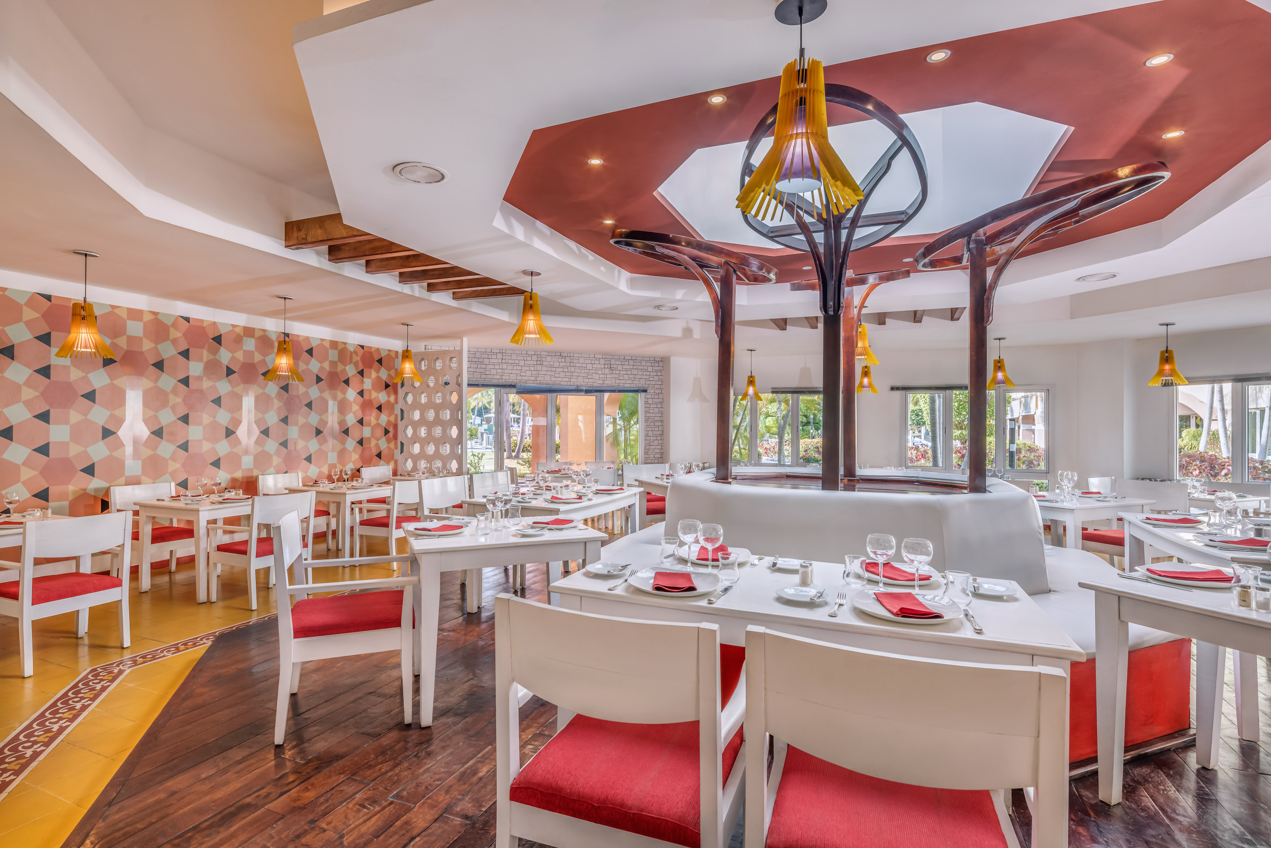 a room with tables and chairs