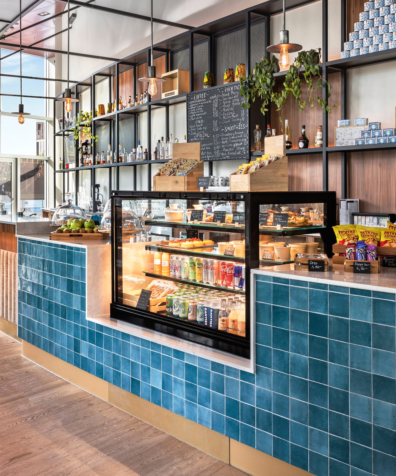 a counter with drinks and beverages on it