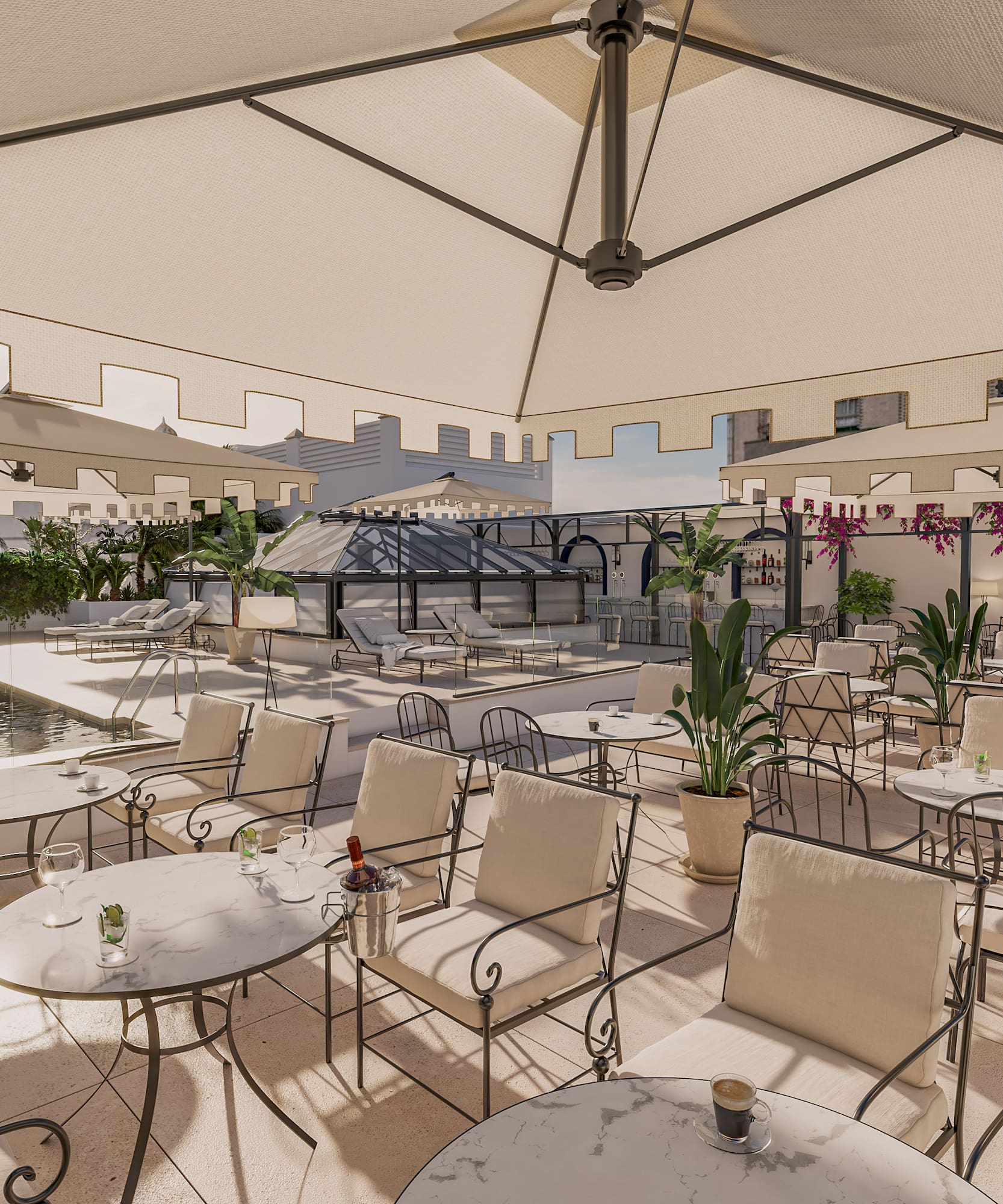 Elegant outdoor patio restaurant with shaded seating, poolside, and cafe tables.
