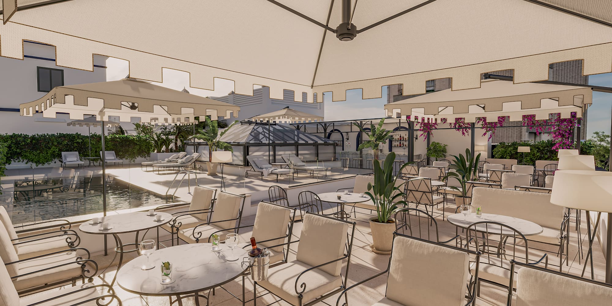 Luxurious outdoor dining terrace with pool, large umbrellas, and elegant seating.