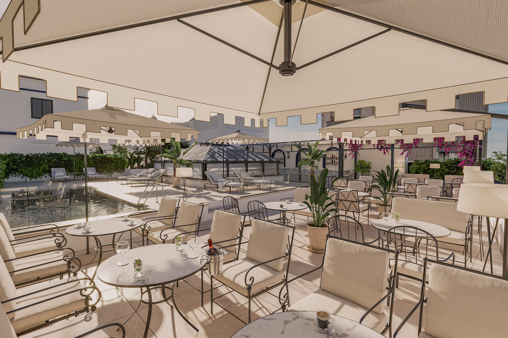Luxurious outdoor dining terrace with pool, large umbrellas, and elegant seating.