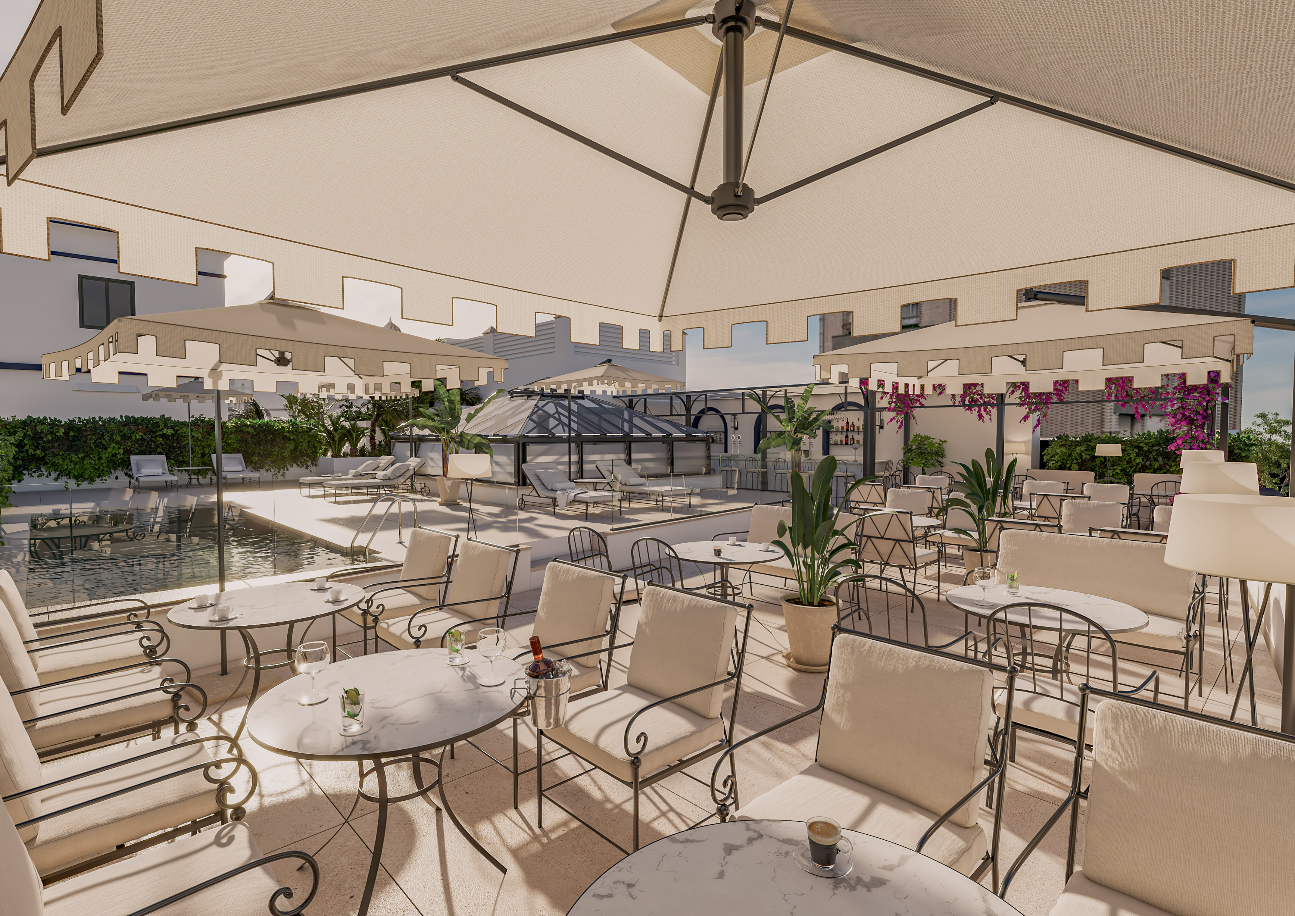 Luxurious outdoor dining terrace with pool, large umbrellas, and elegant seating.