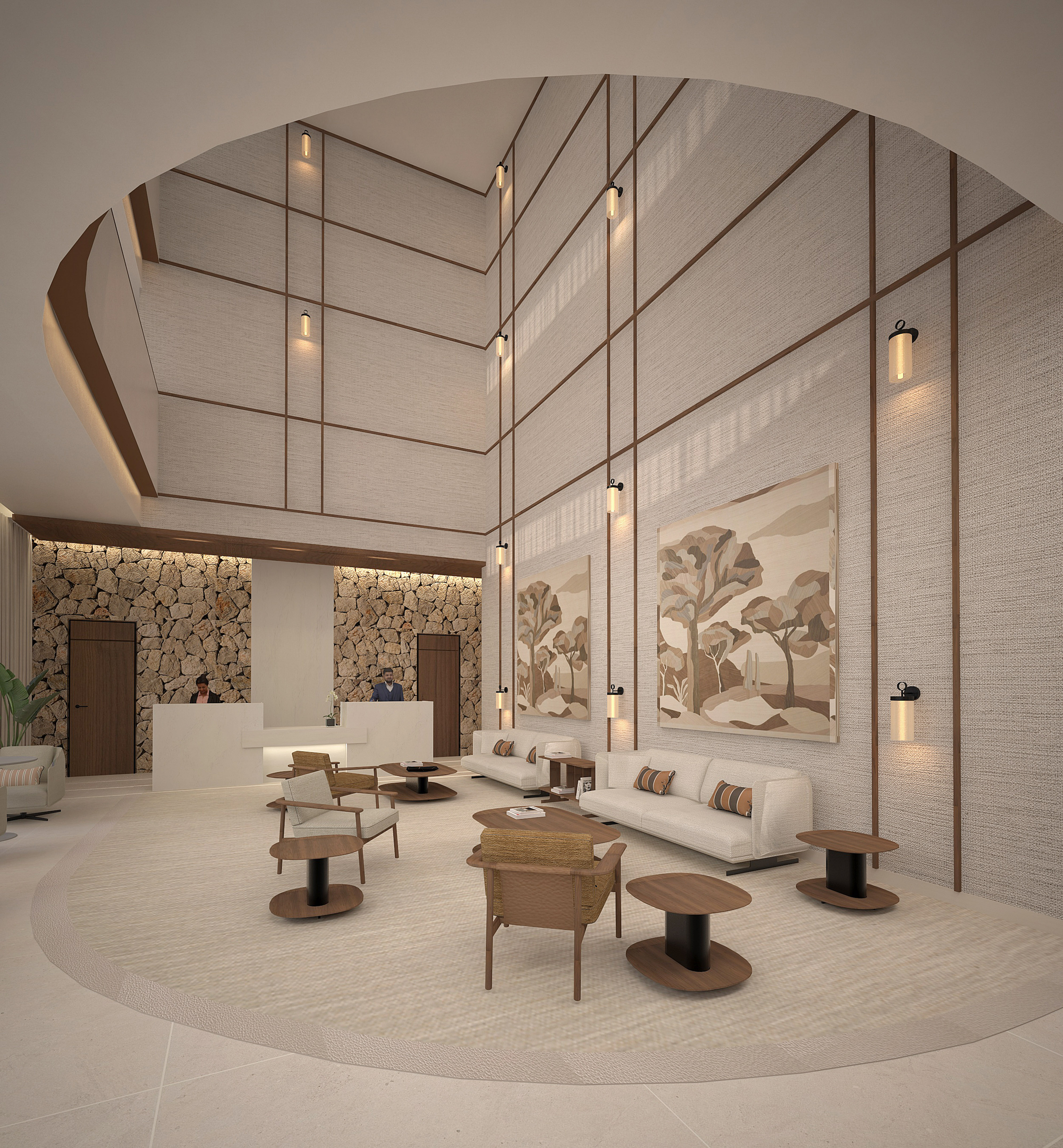 石壁と高い天井が印象的な、モダンなインテリアの高級ホテルロビー。 - Hotel Golf Santa Ponsa Meliá Collection, マヨルカ島