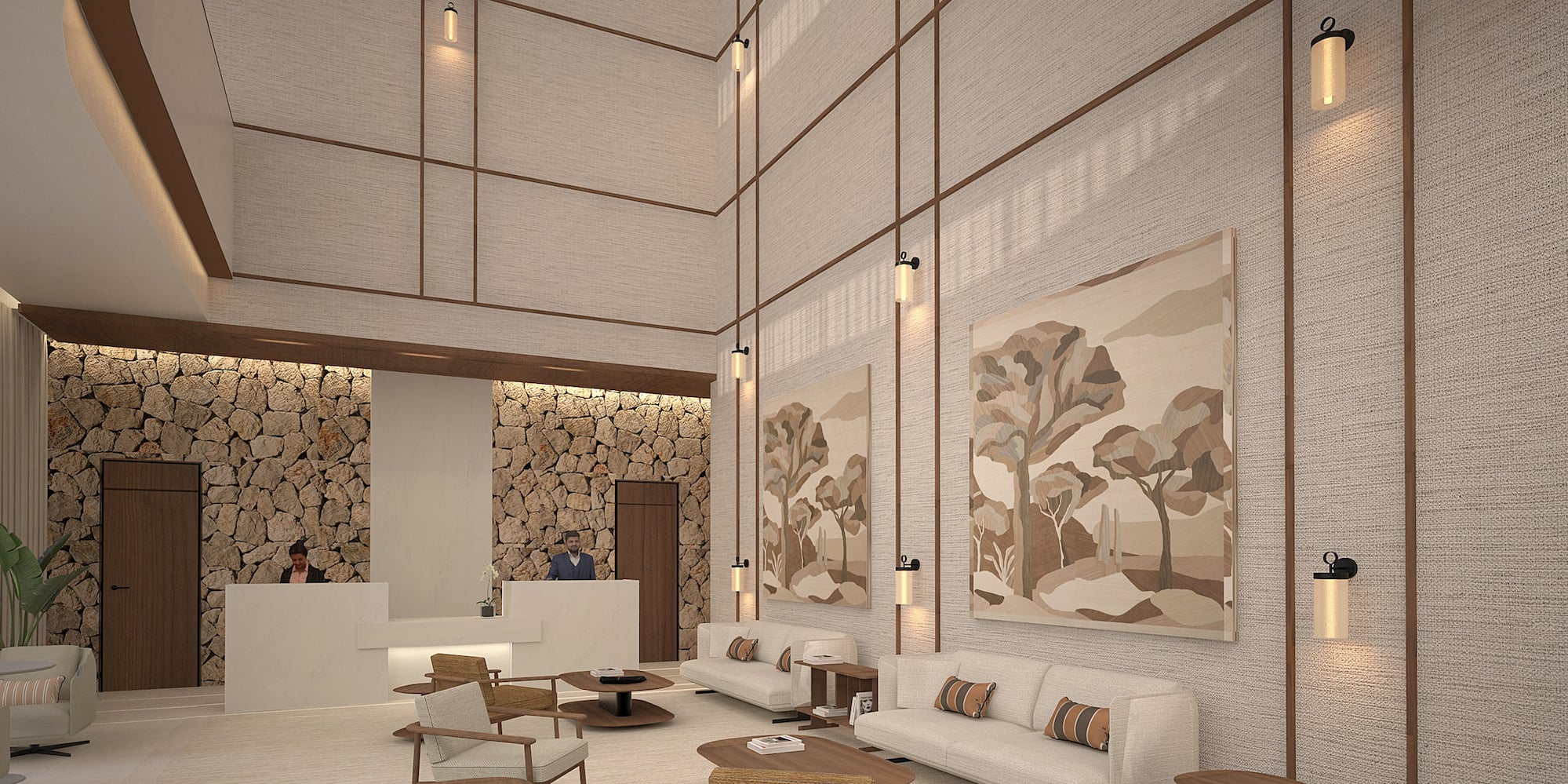 Lujoso vestíbulo de hotel con doble altura, sofás modernos, paredes texturizadas y recepción al fondo. - Hotel Golf Santa Ponsa Meliá Collection, Mallorca