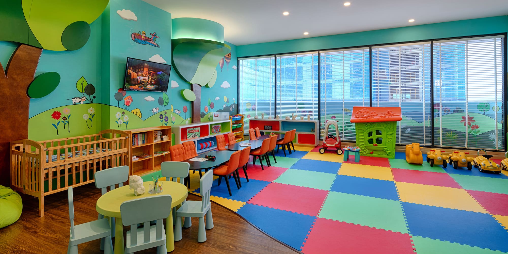 a room with colorful playroom