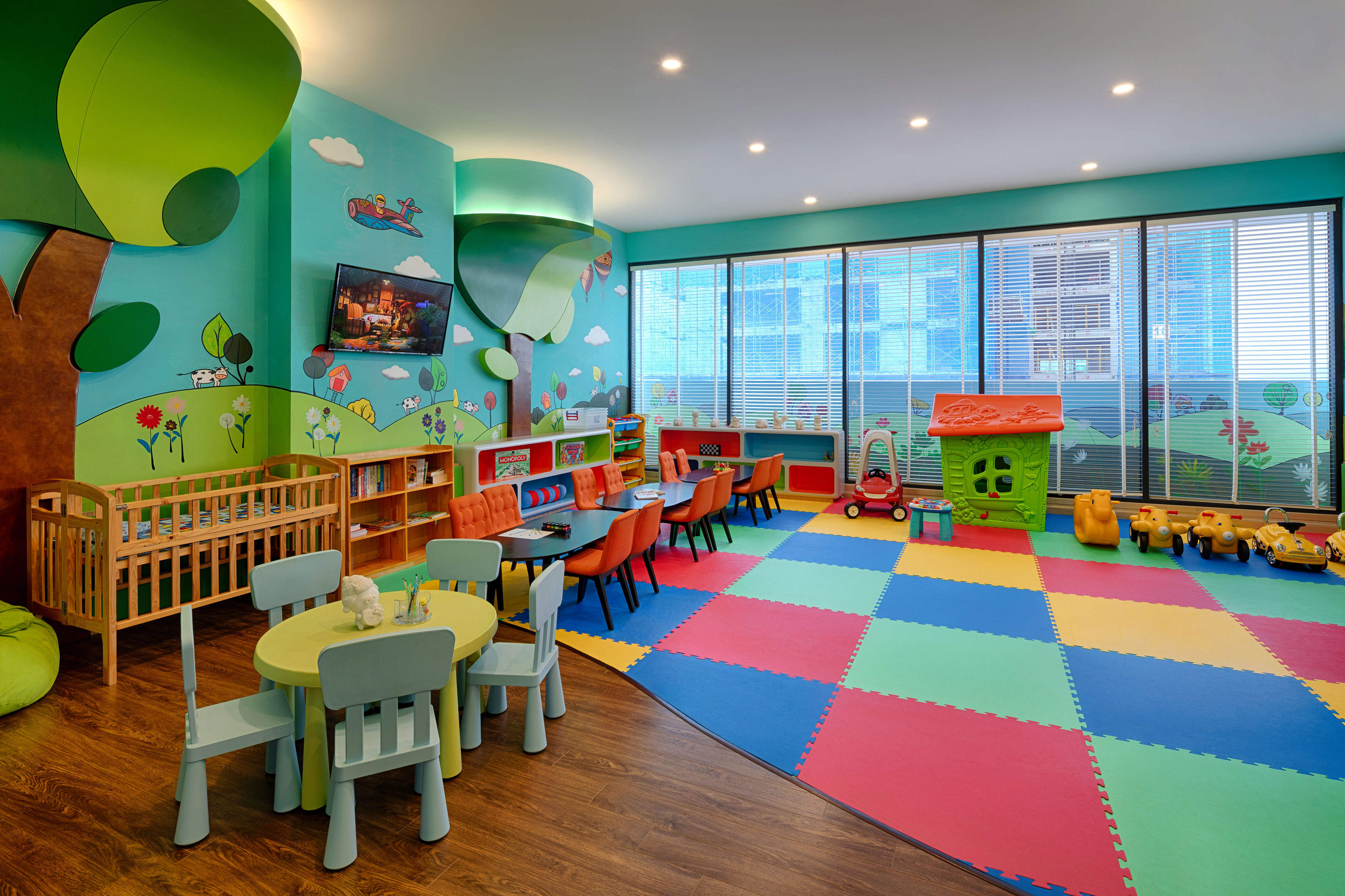 a room with colorful playroom