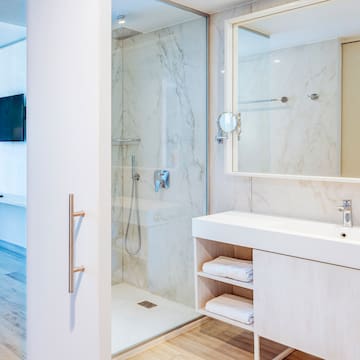 a bathroom with a shower and a mirror