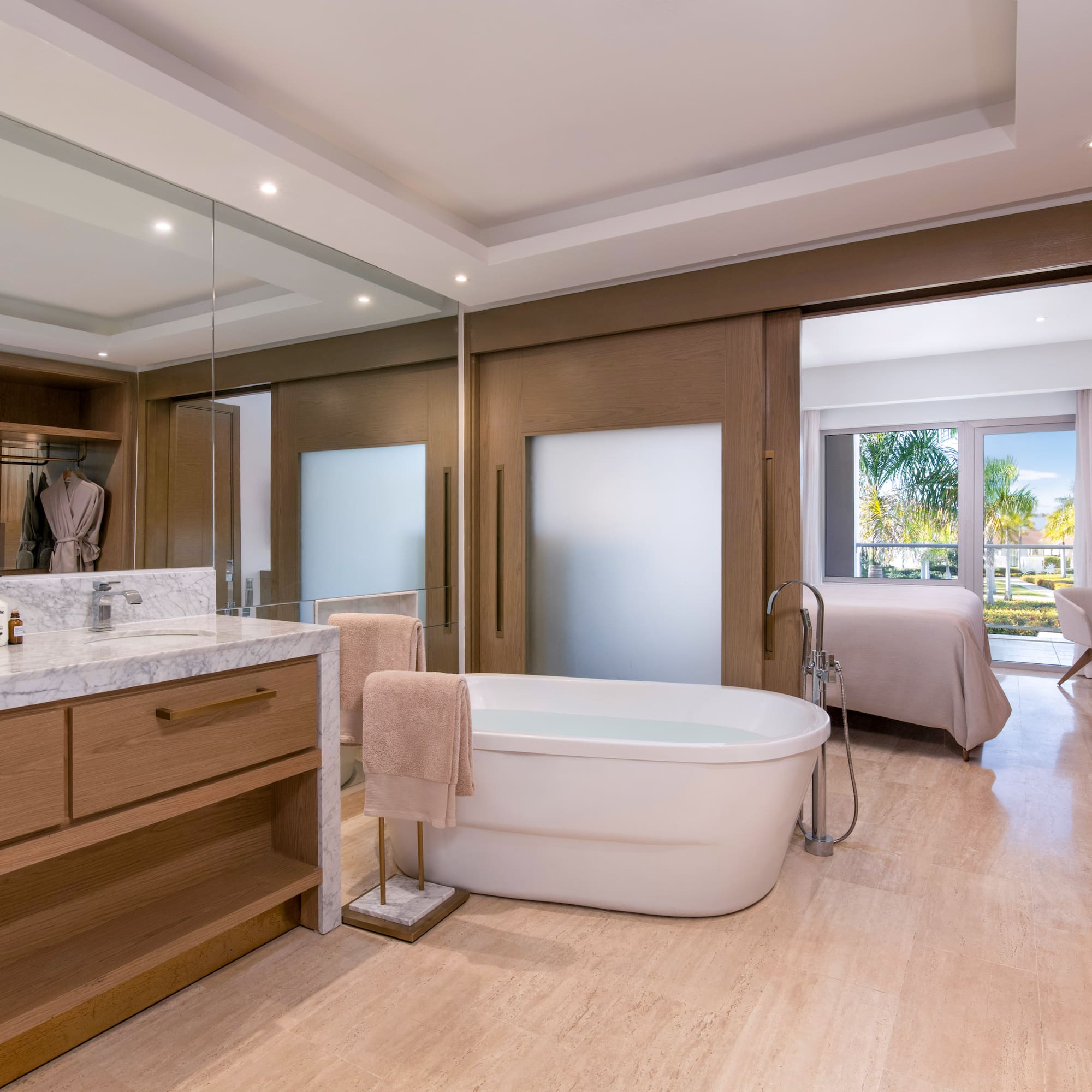 a bathroom with a tub and a sink