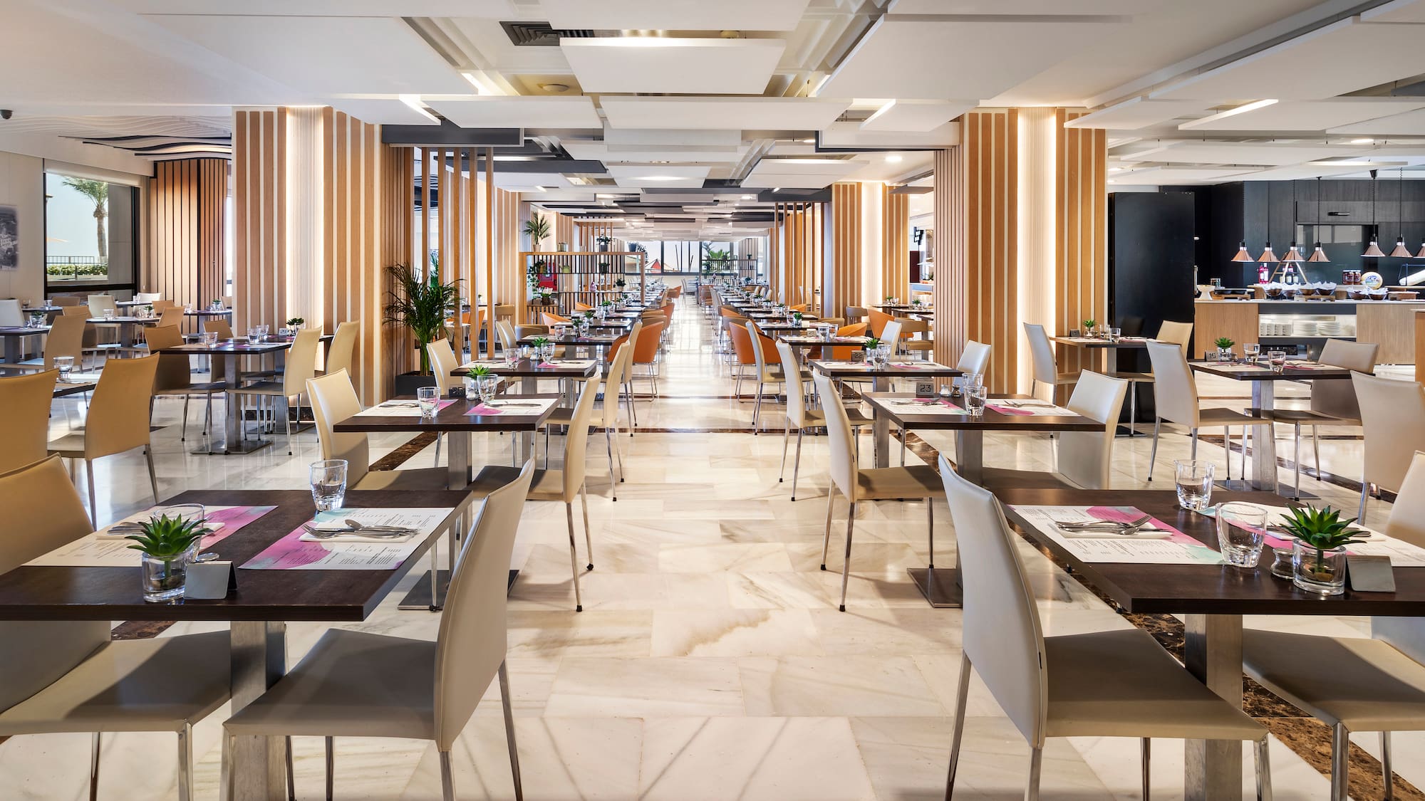 a room with tables and chairs