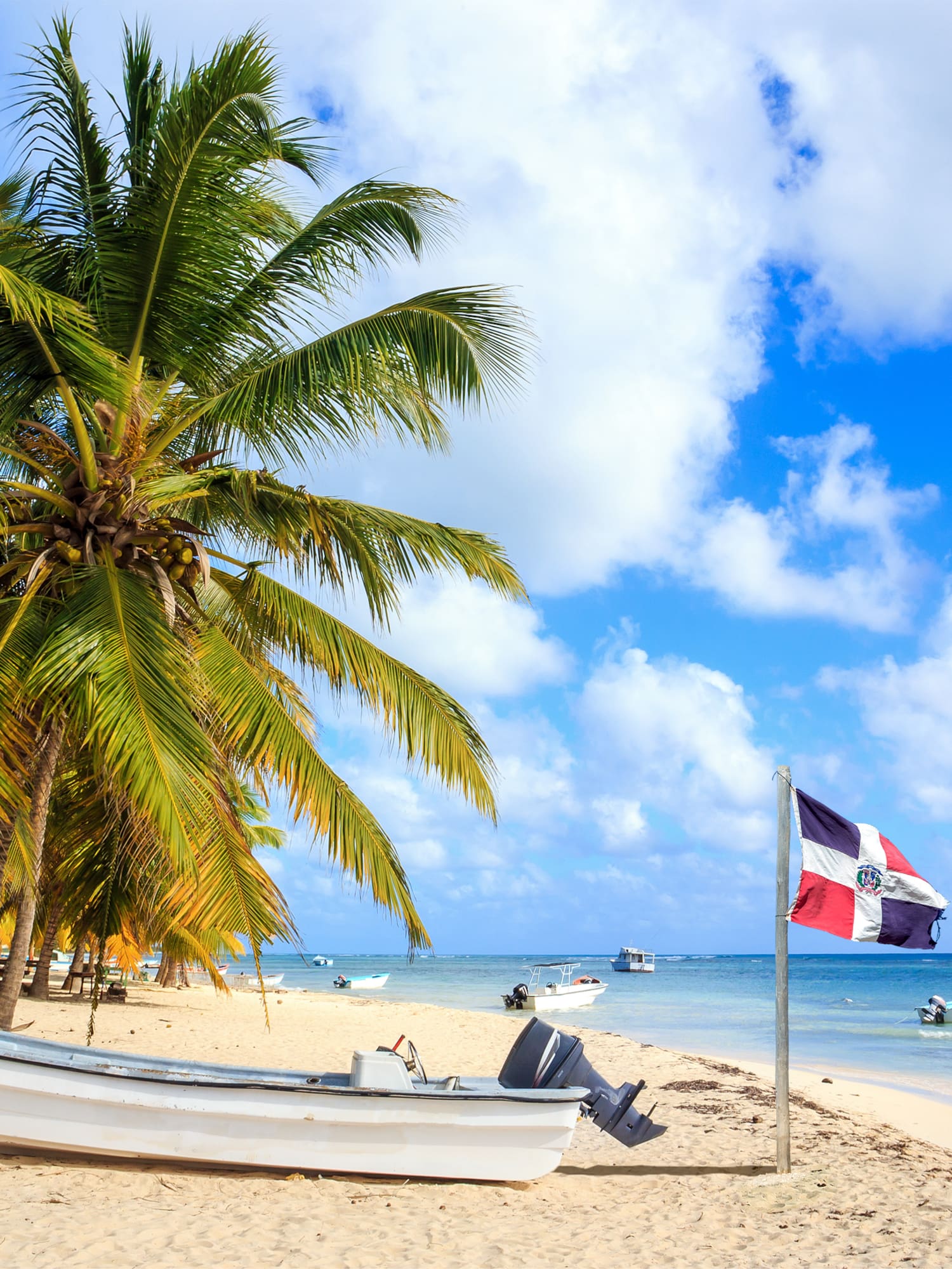 Playa tropical, República Dominicana: palmeras, bote y bandera bajo cielo azul.