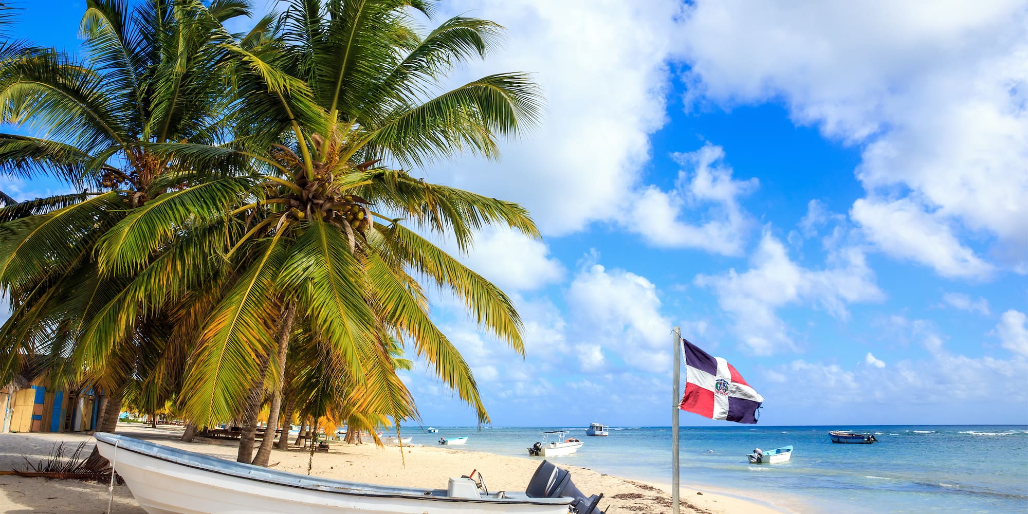 Playa caribeña con palmeras, barca blanca y bandera dominicana.