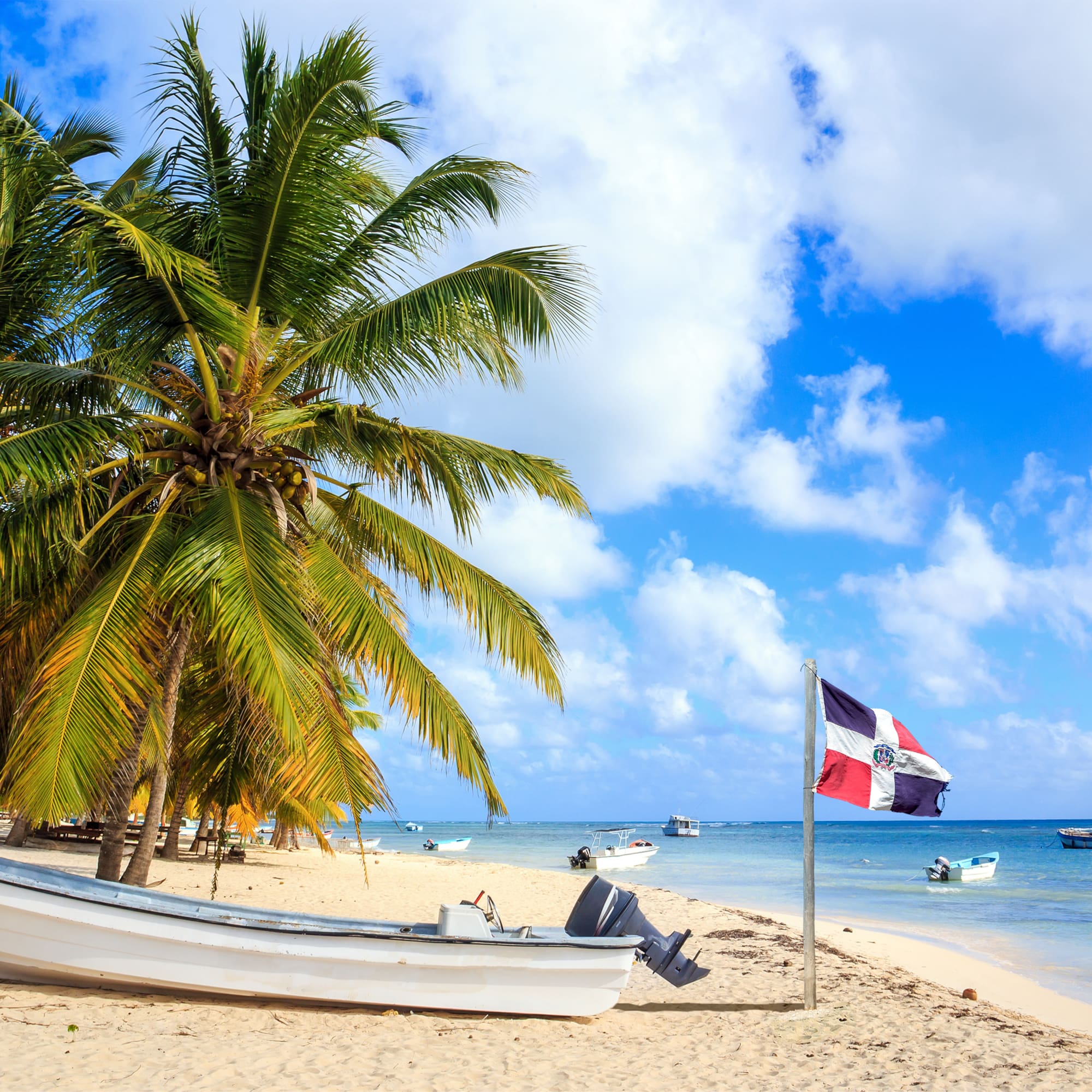 Bandera dominicana en playa tropical con palmeras, bote en la arena y mar azul.