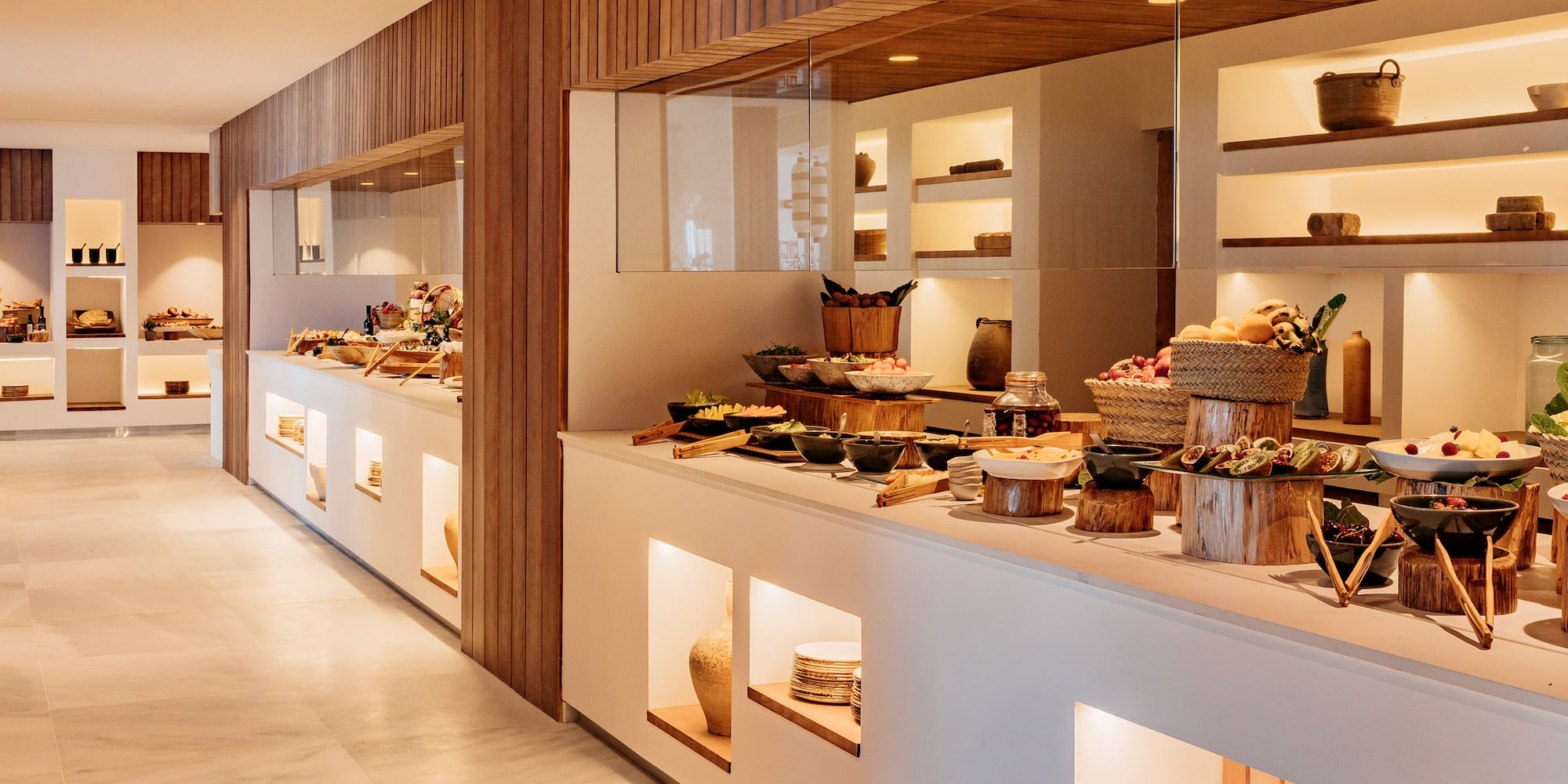 a buffet line with food on shelves