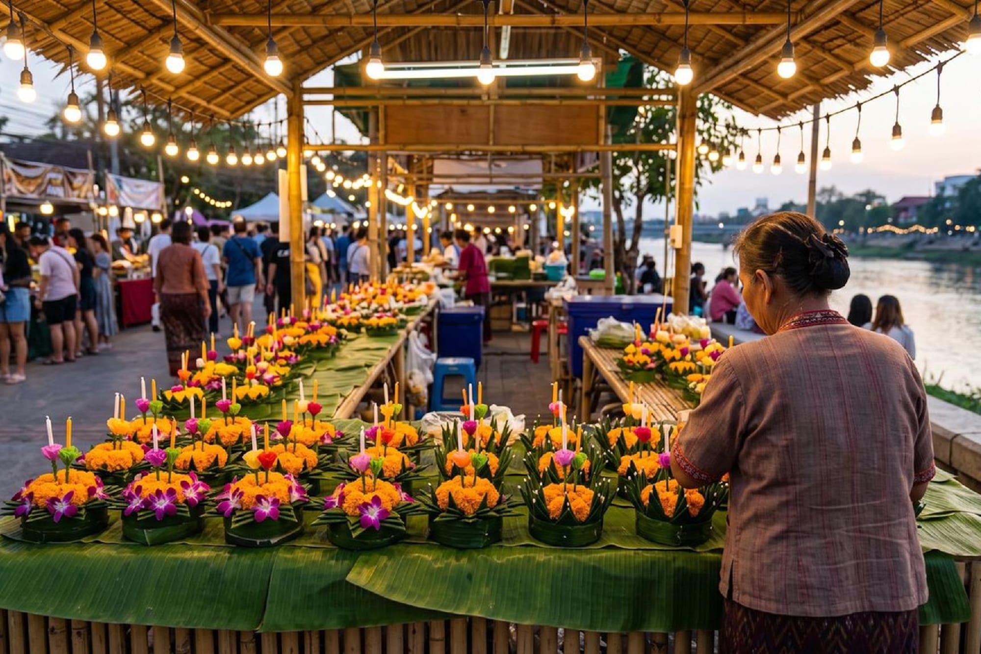 Krathong flower offerings for sale at a vibrant Thai riverside night market.