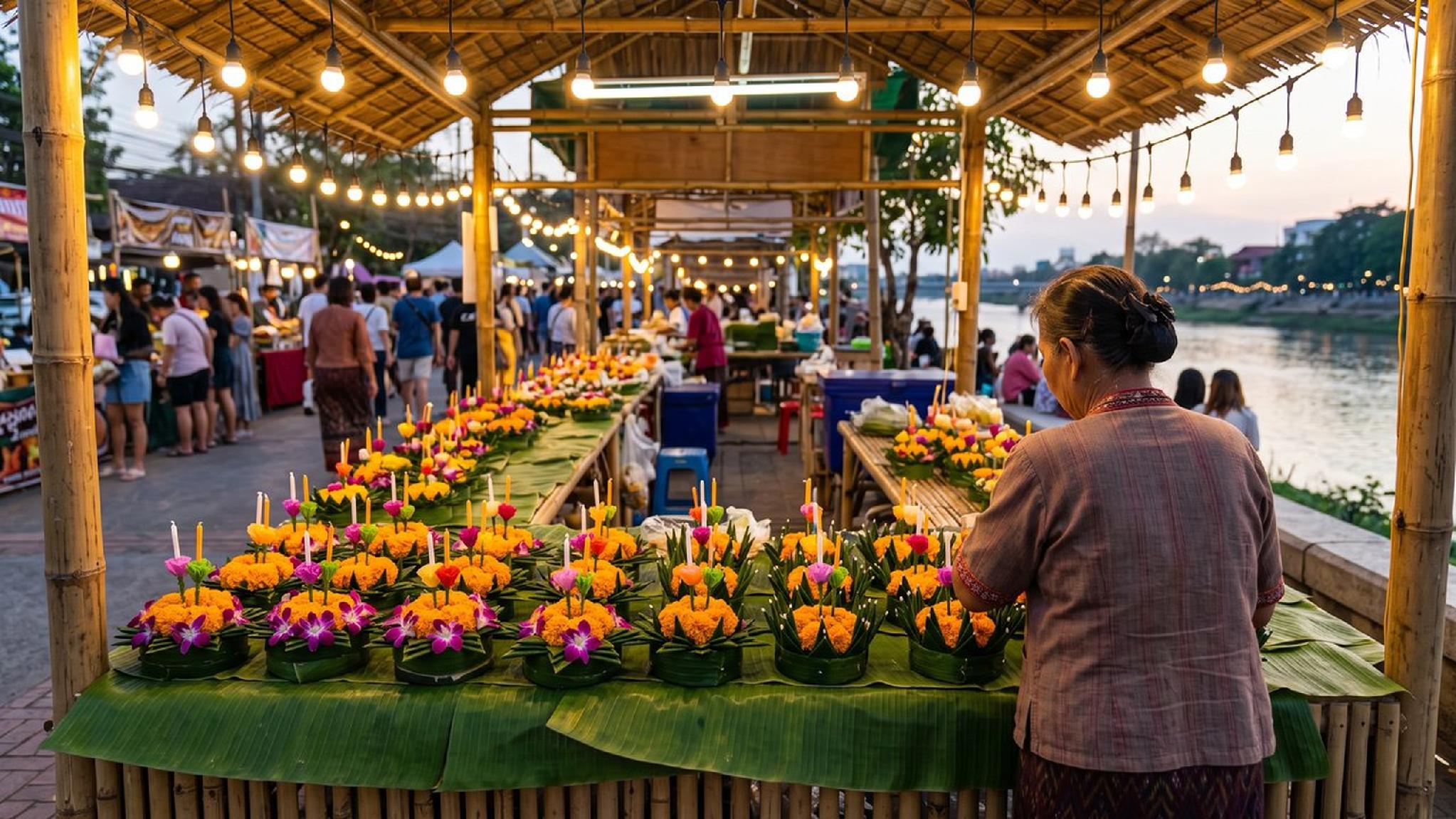 Krathong flower offerings for sale at a vibrant Thai riverside night market.