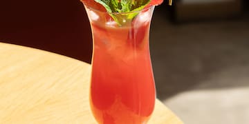 a glass of red drink with a leafy garnish
