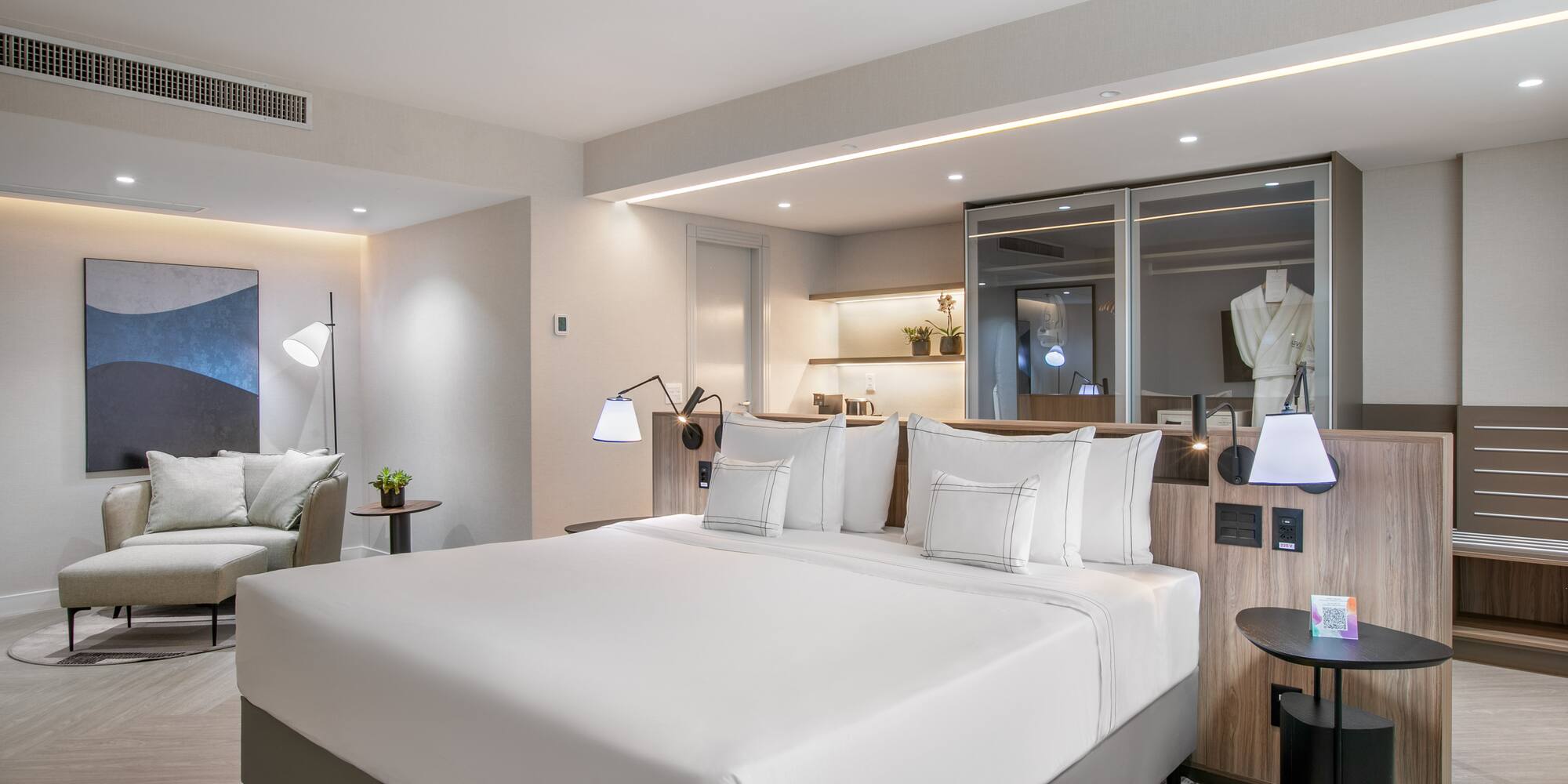 a room with a bed and a table