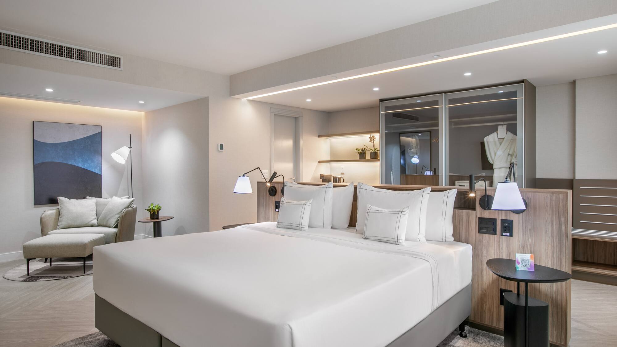 a room with a bed and a table