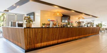 a bar with a wooden counter and plants