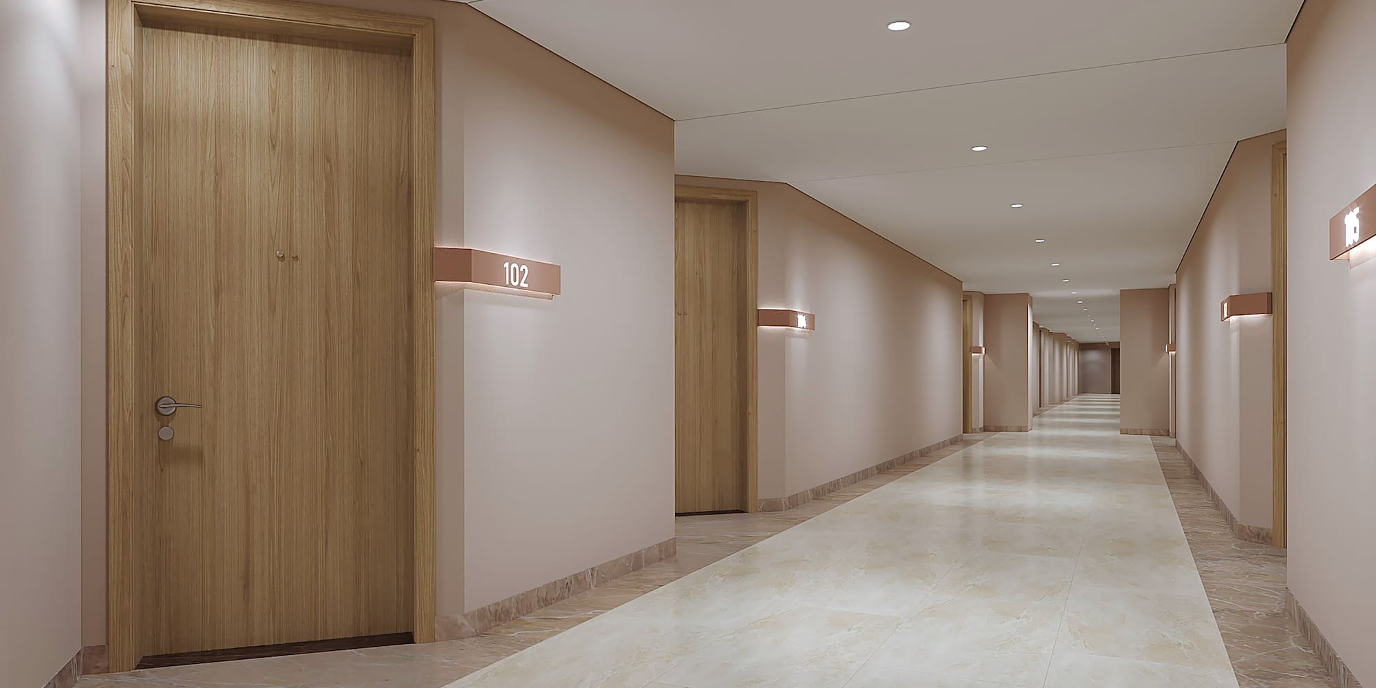 a hallway with doors and a light on the wall