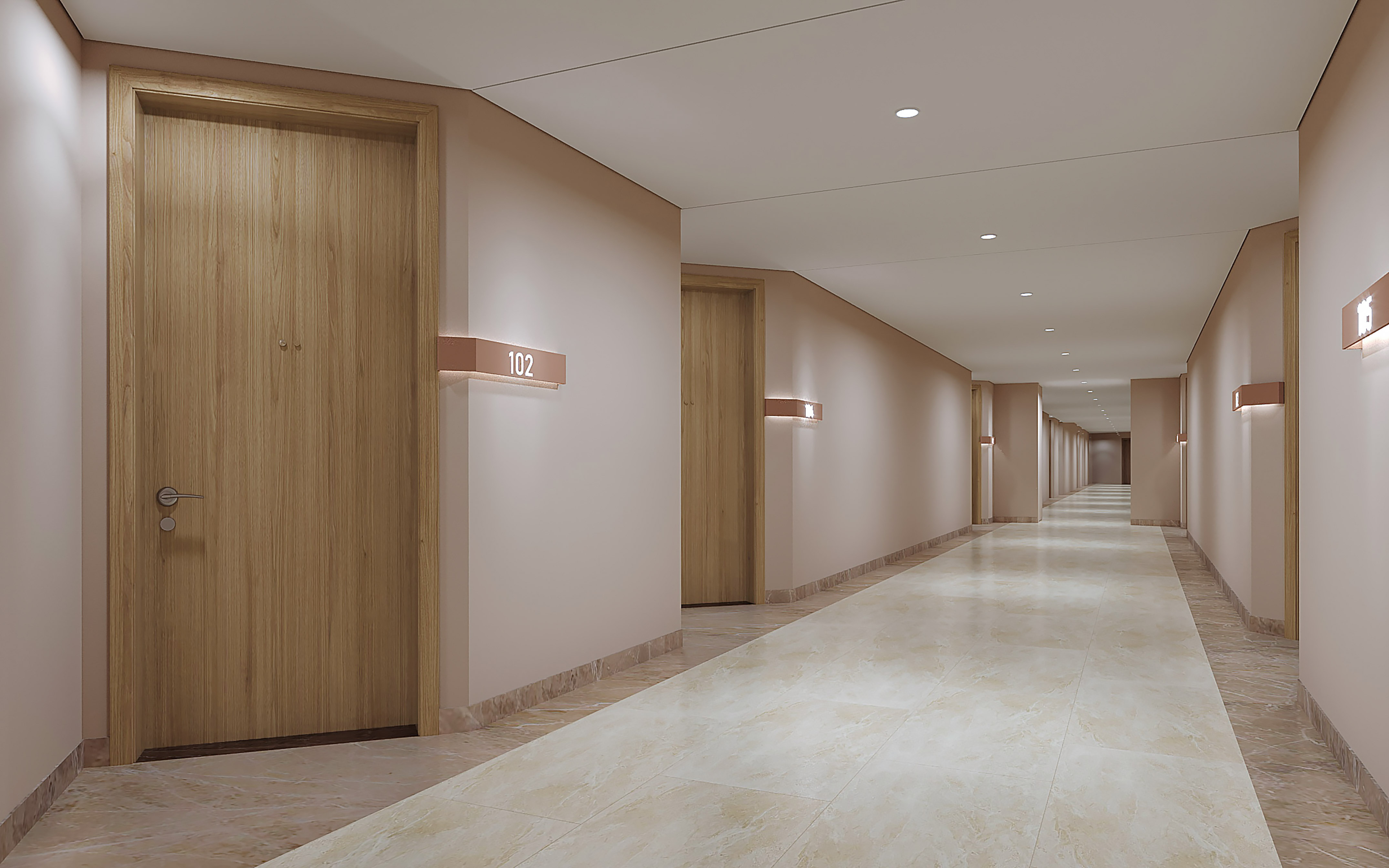 a hallway with doors and a light on the wall