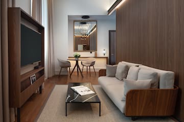 a living room with a couch and a table