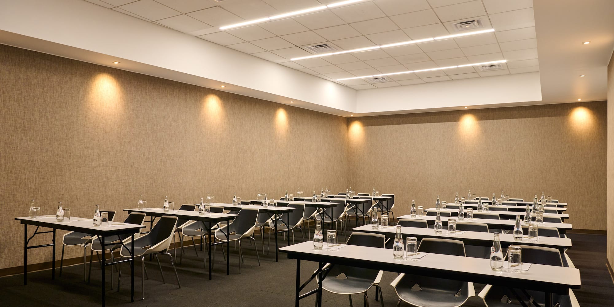 a room with tables and chairs