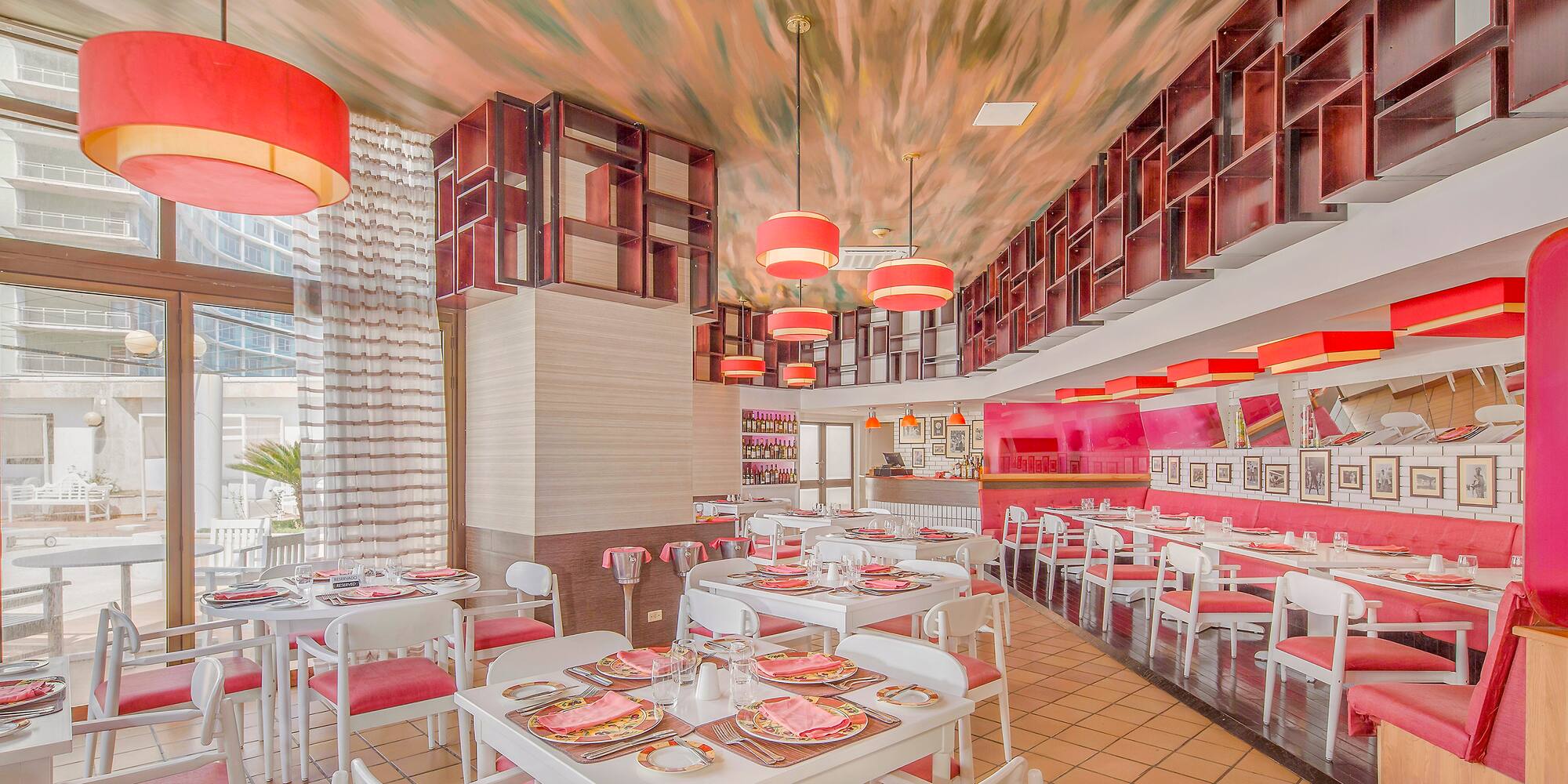 a room with tables and chairs