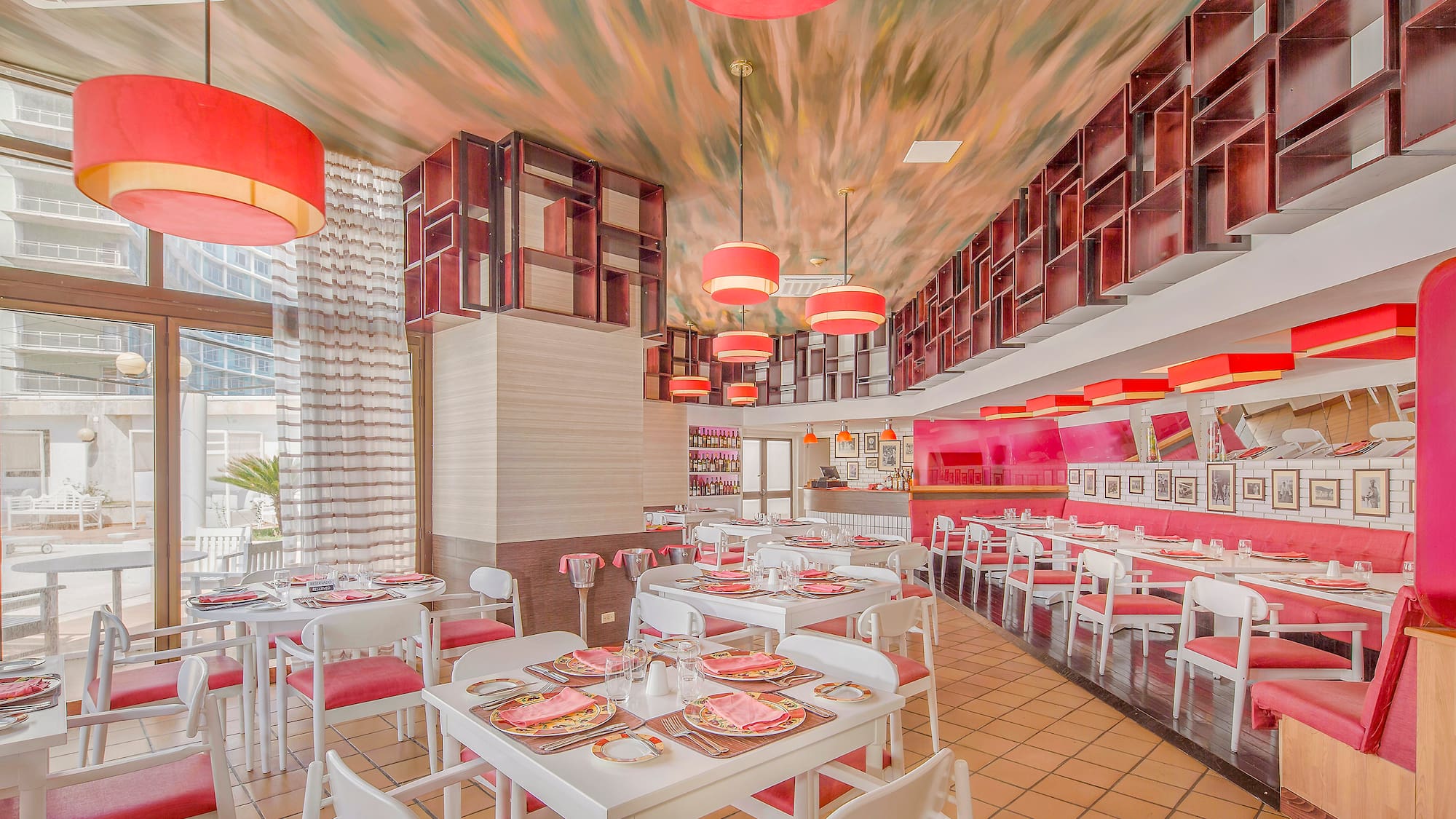 a room with tables and chairs