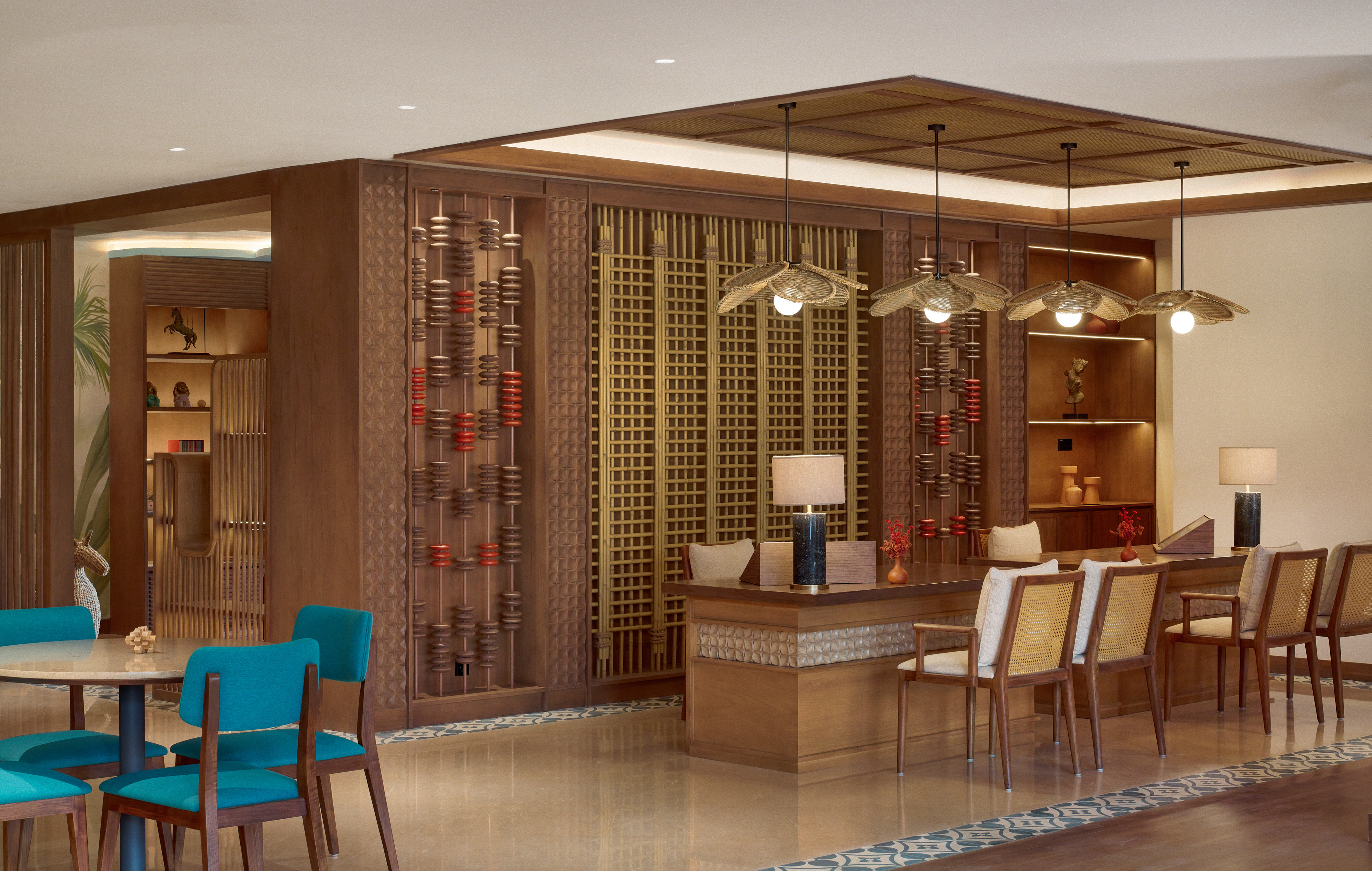 a room with a table and chairs