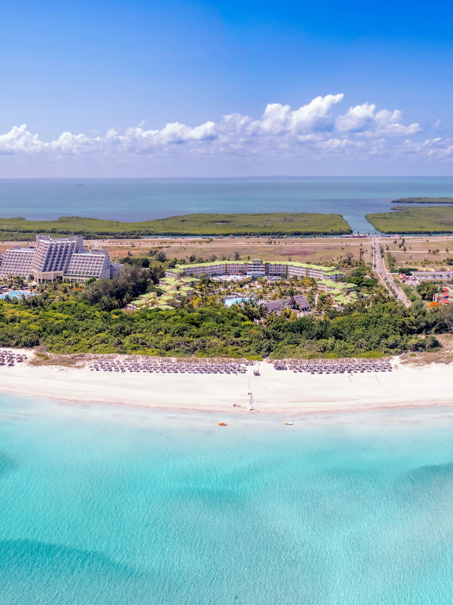 a beach with buildings and trees