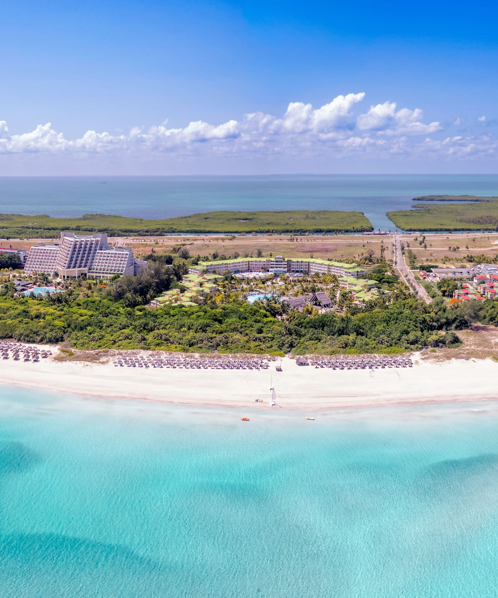 a beach with buildings and trees