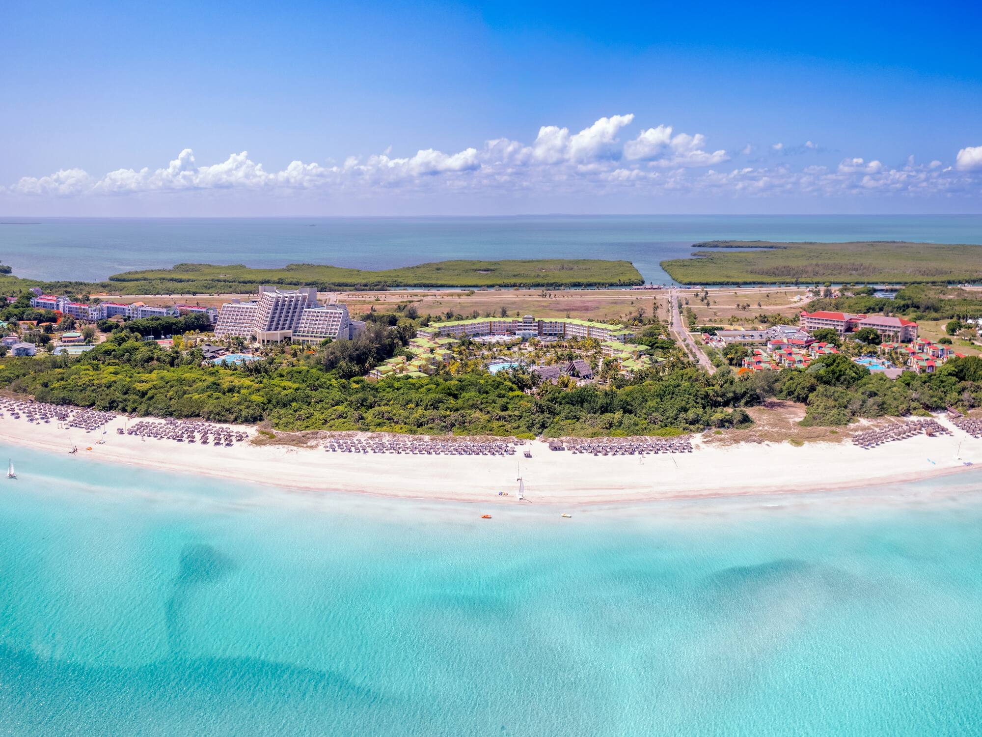 a beach with buildings and trees