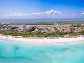 a beach with buildings and trees