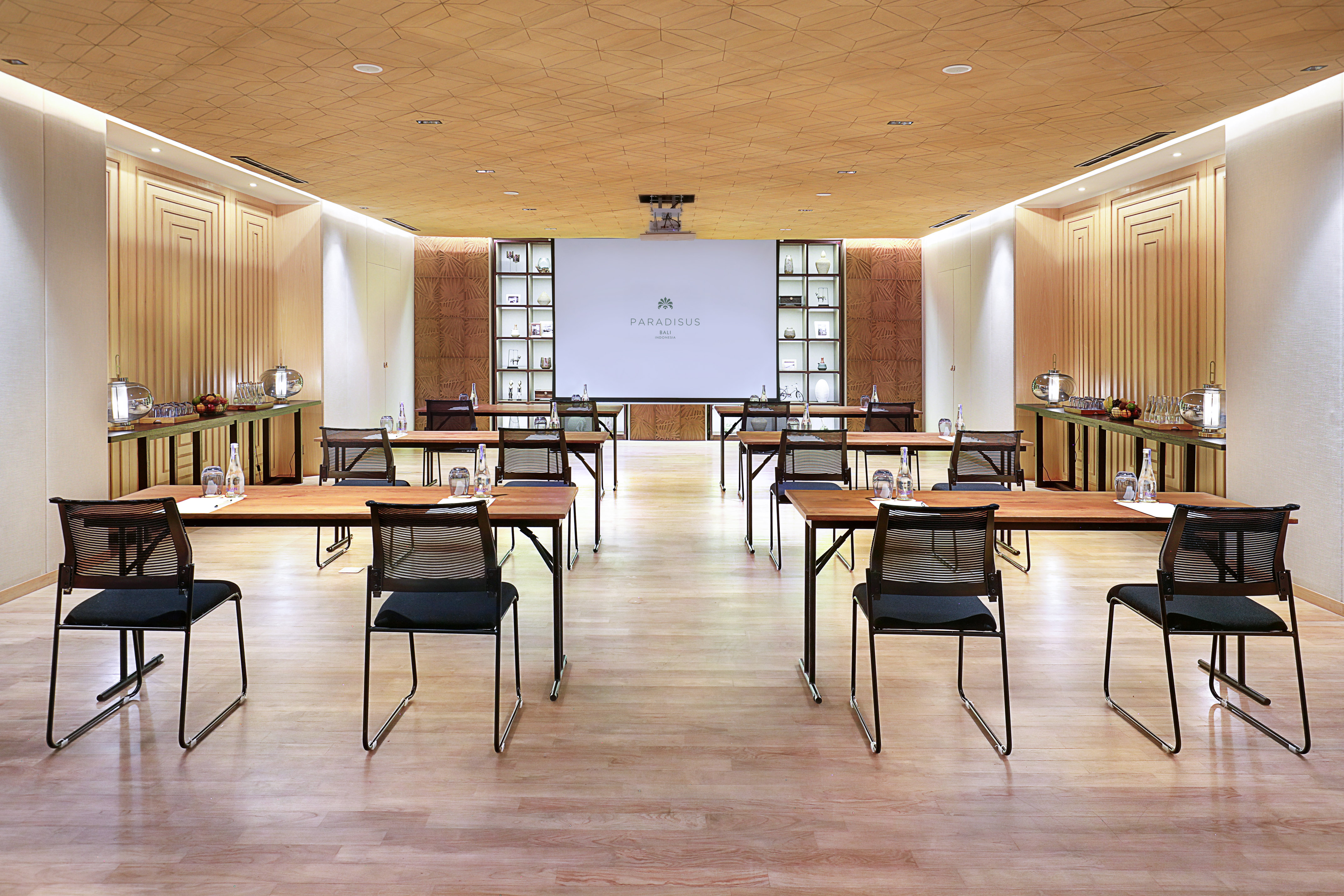 a room with tables and chairs