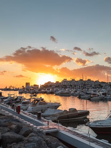 a group of boats in a harbor