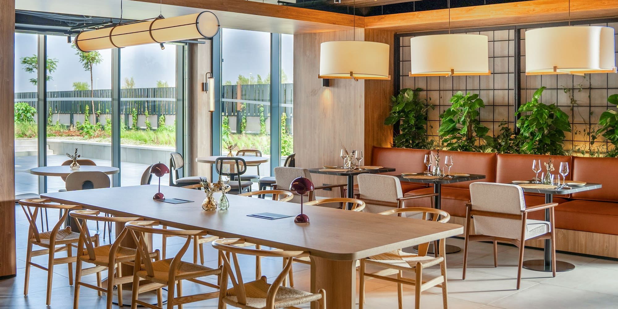 a room with tables and chairs