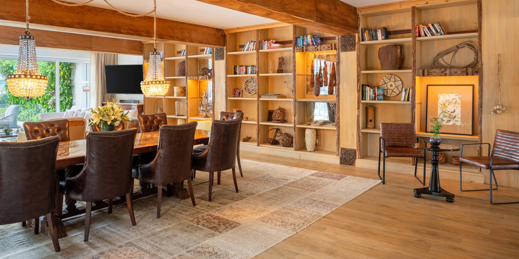 a room with a table and chairs