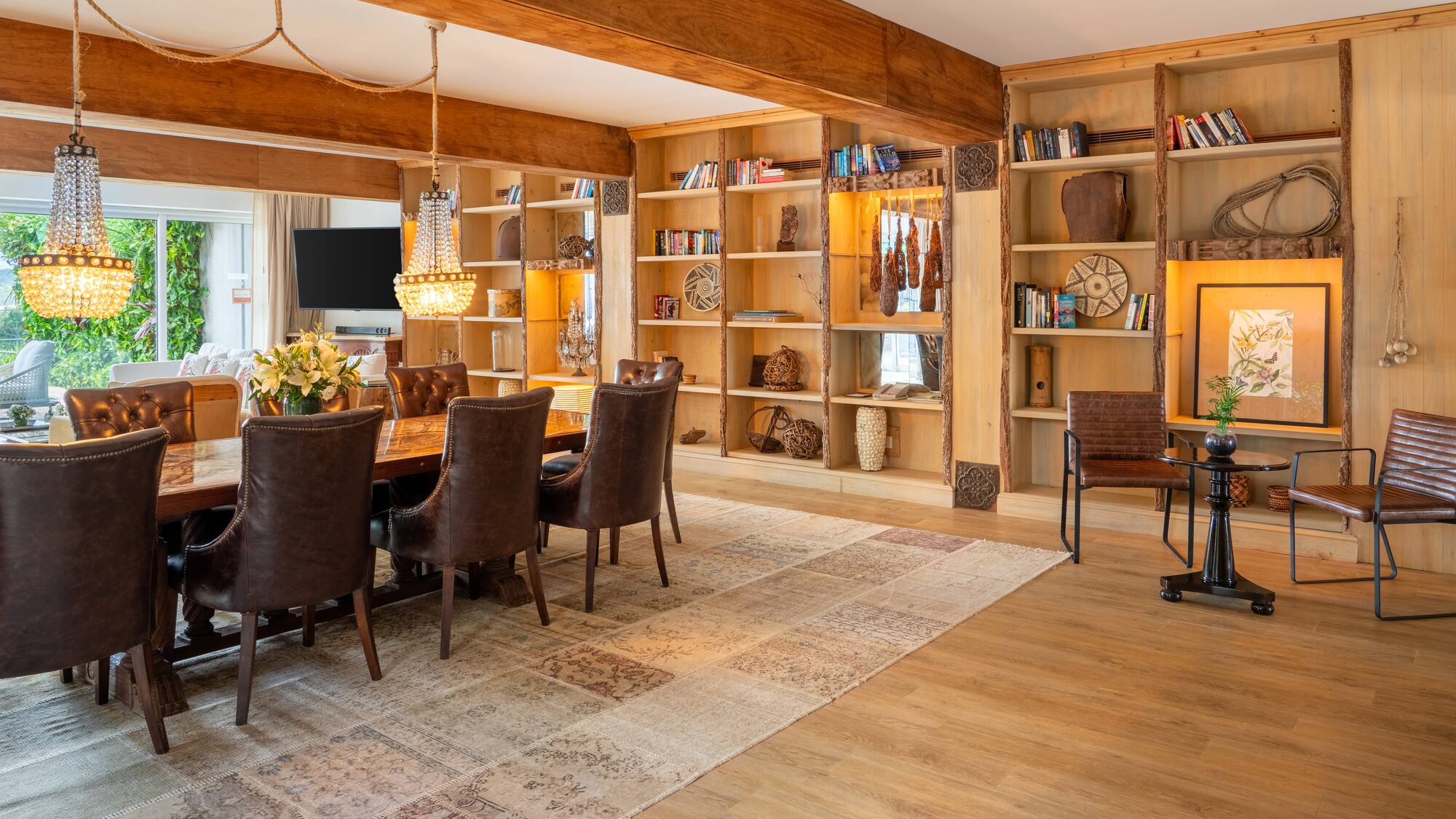 a room with a table and chairs