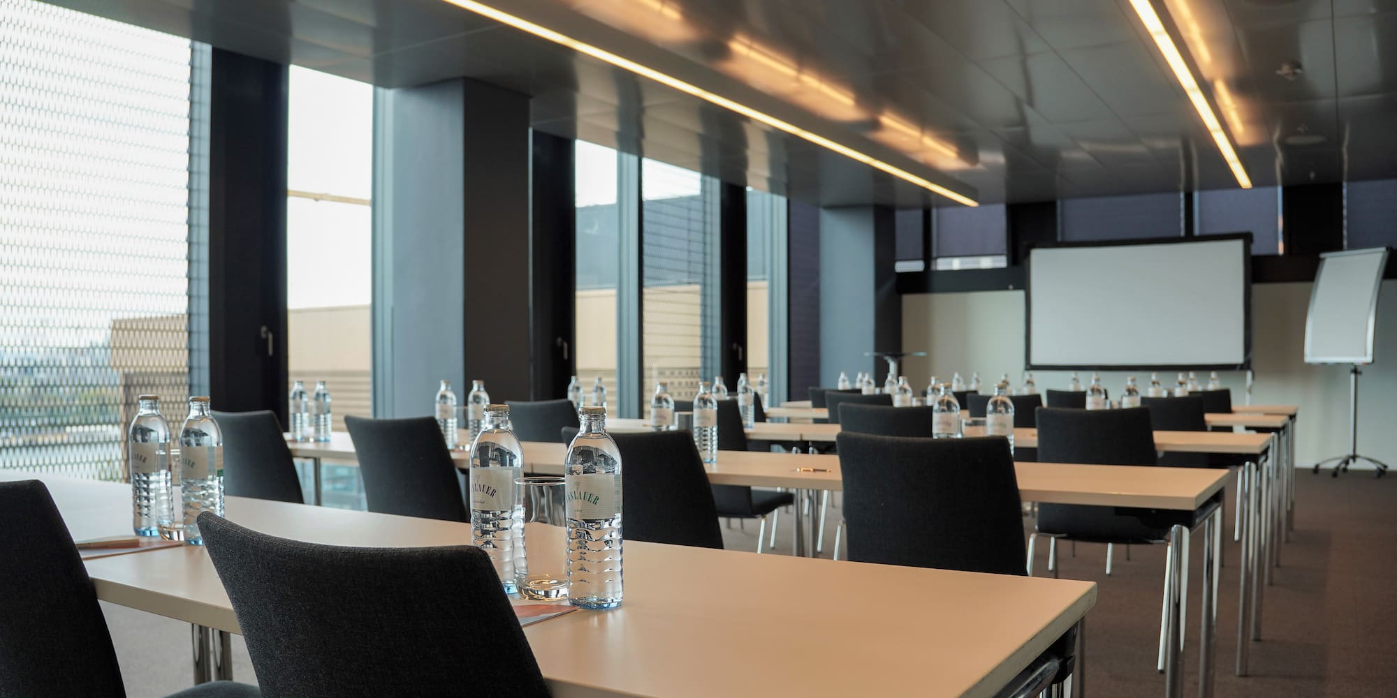 a room with tables and chairs