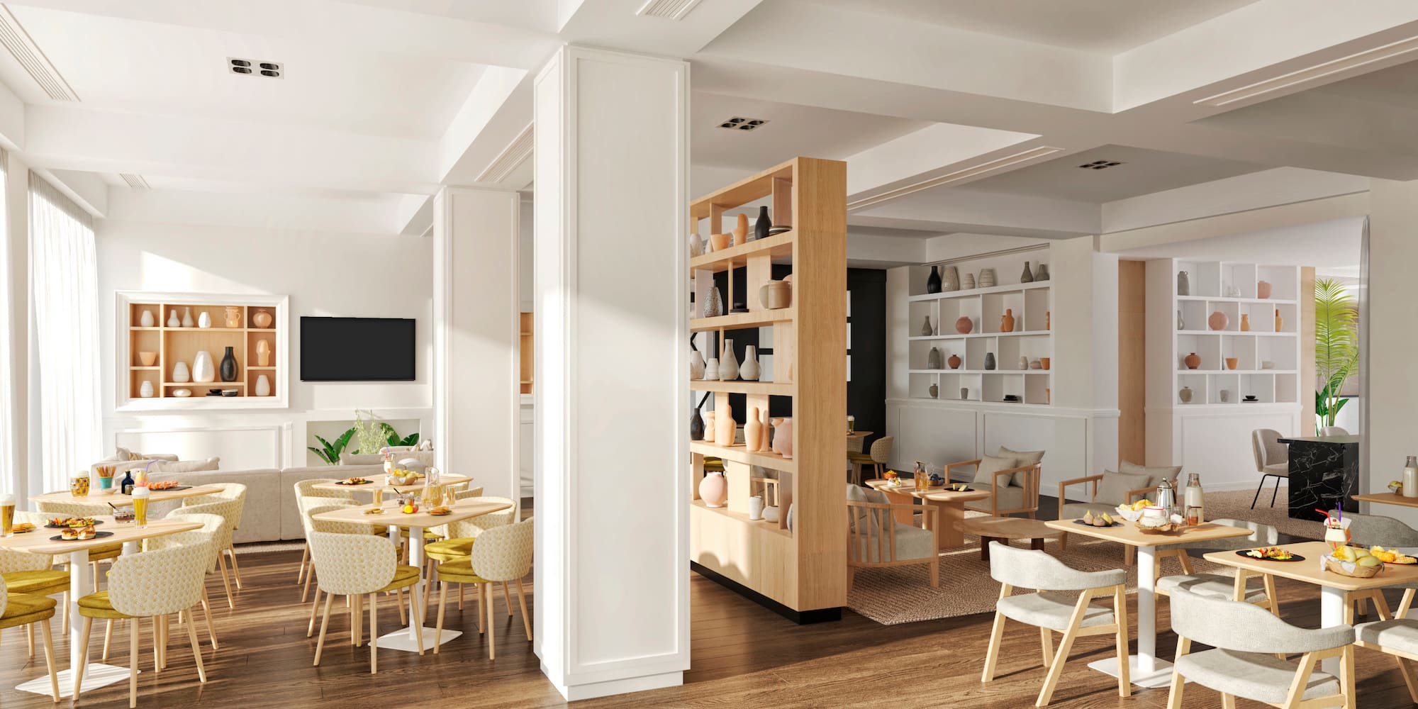 a room with a large white column and tables and chairs.