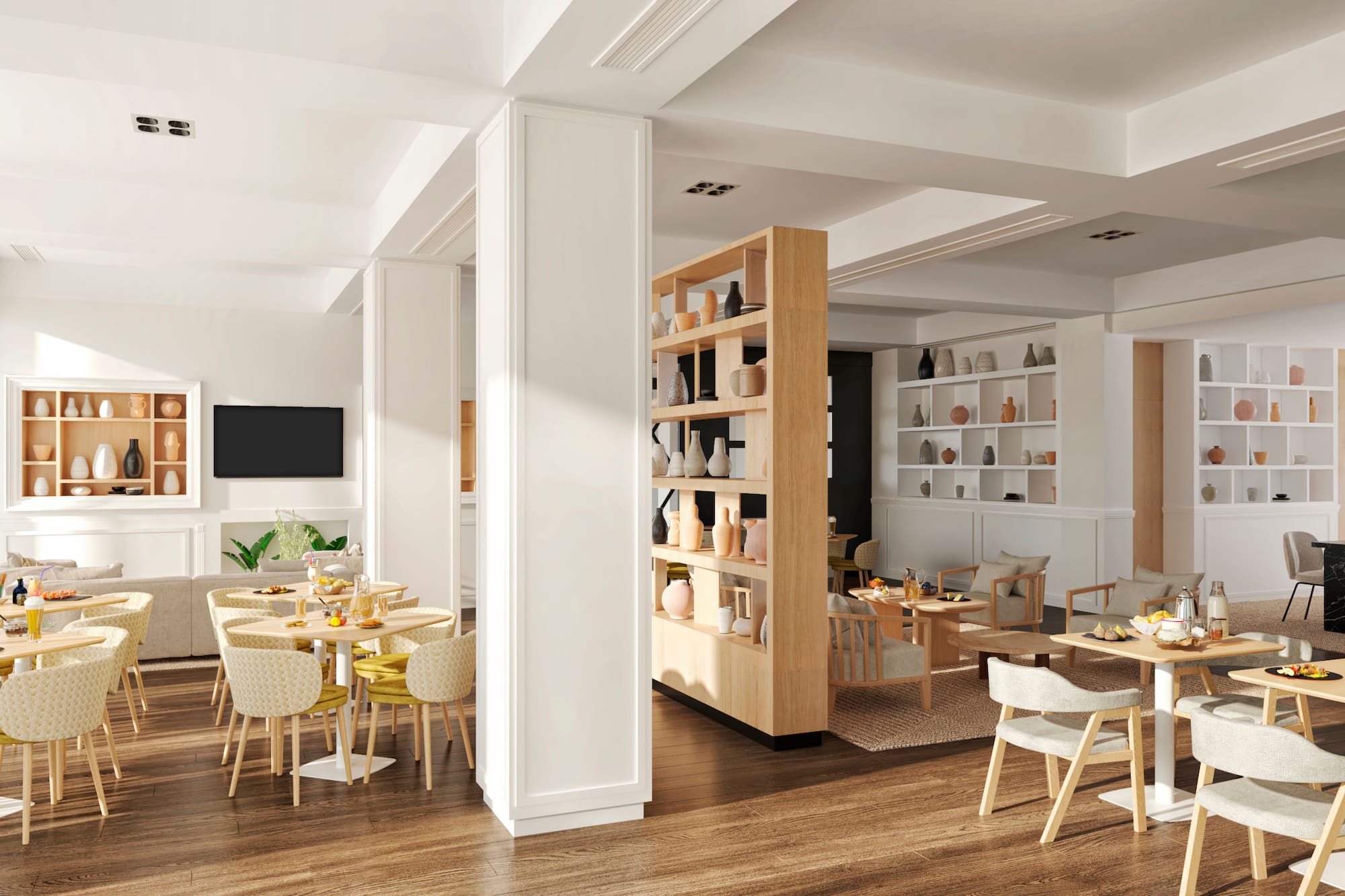 Modern restaurant dining area with tables, wooden floor, and decorative shelves.