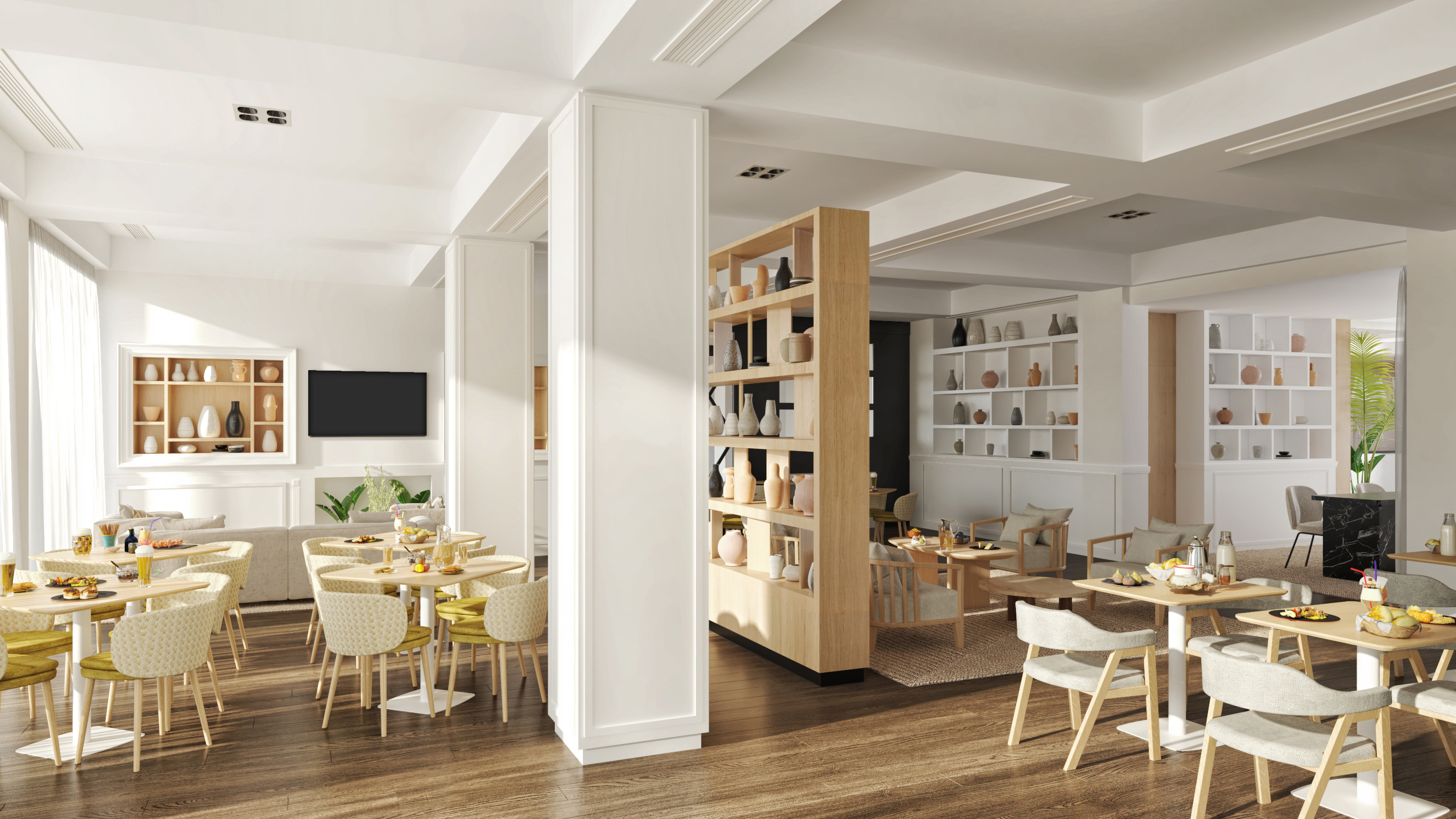 Modern restaurant dining area with tables, wooden floor, and decorative shelves.
