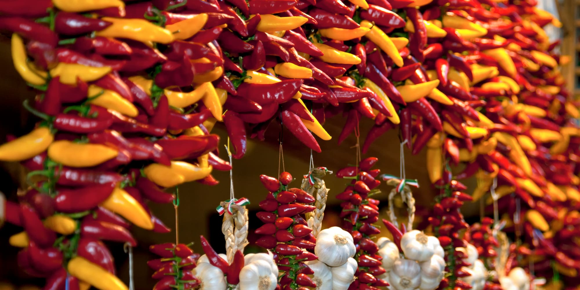 Pimientos rojos y amarillos colgando con ristras de ajo y chiles.