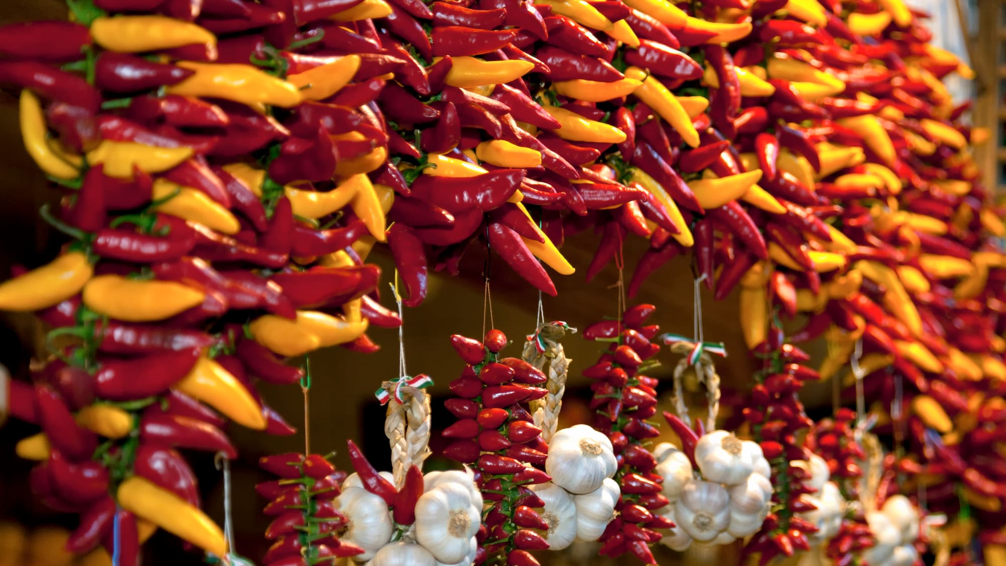 a group of red and yellow peppers and garlic from a ceiling