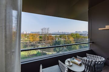 a balcony with a view of a city and a river