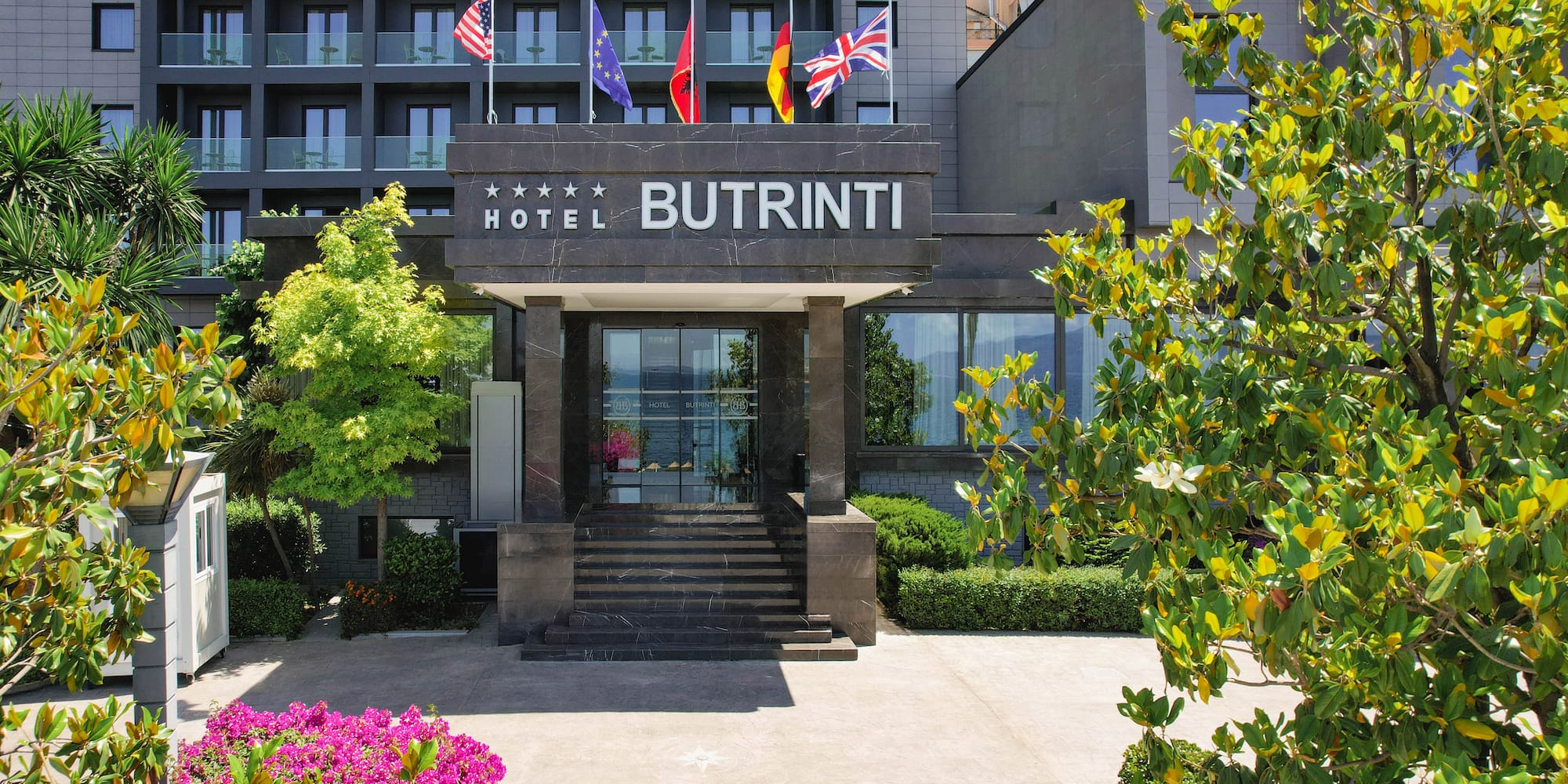 a building with flags on top of it