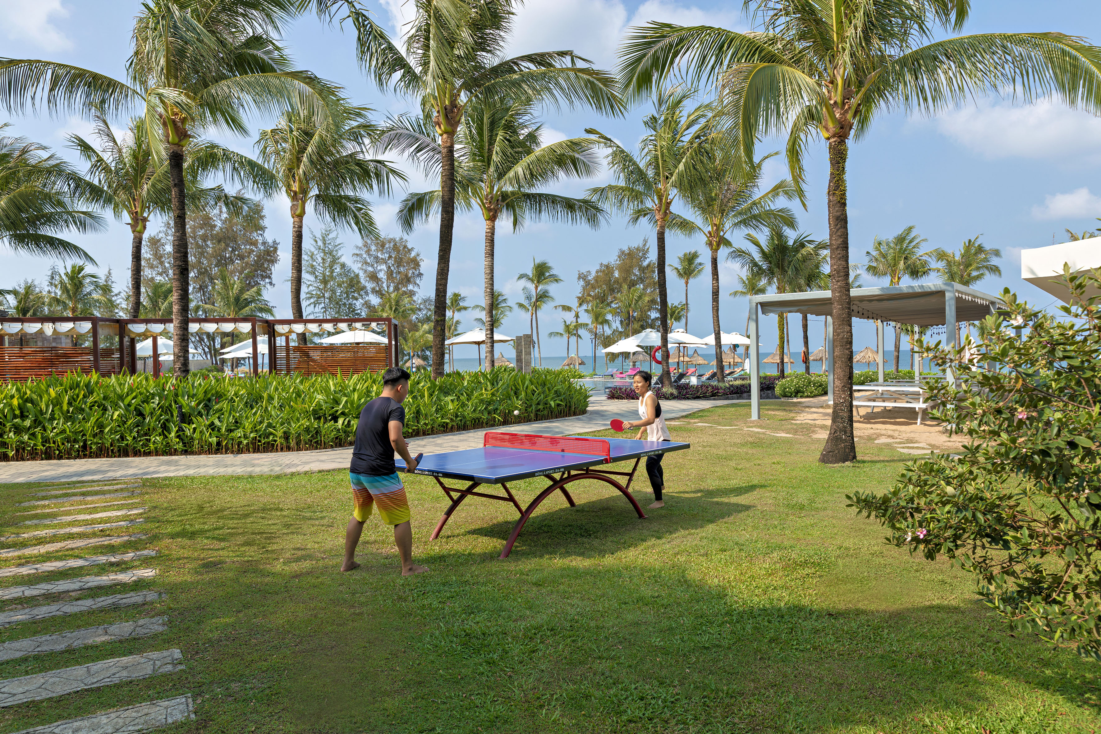 People playing table tennis on a tropical resort lawn, palm trees and ocean.