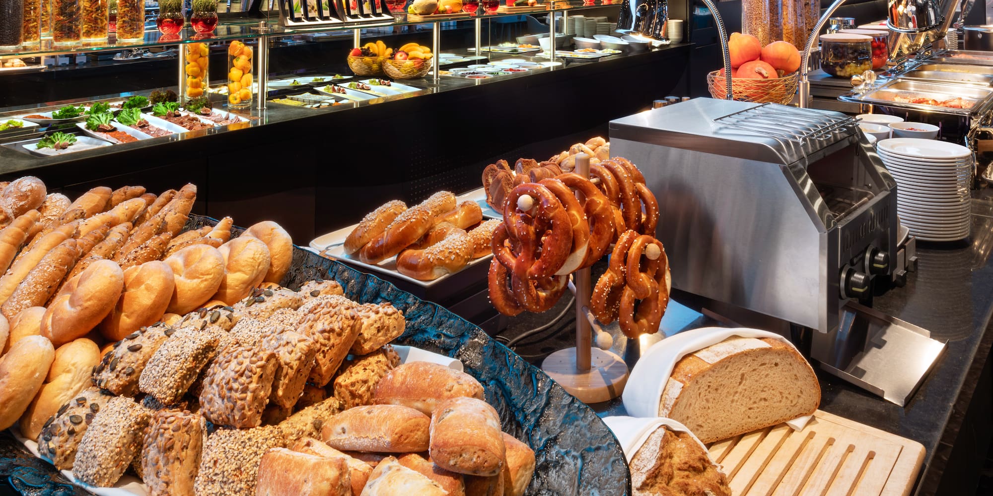 a buffet with food on the counter