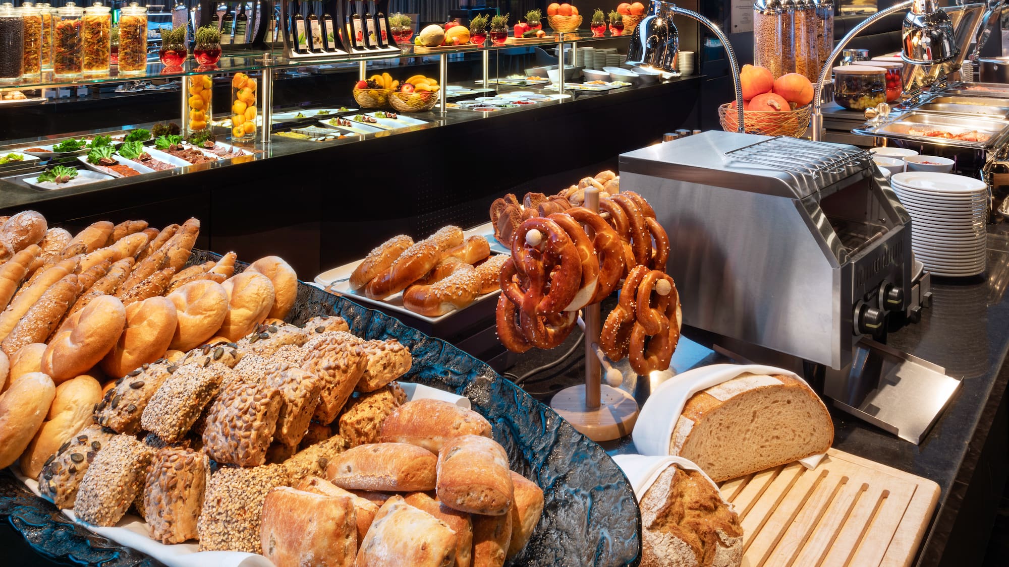 a buffet with food on the counter